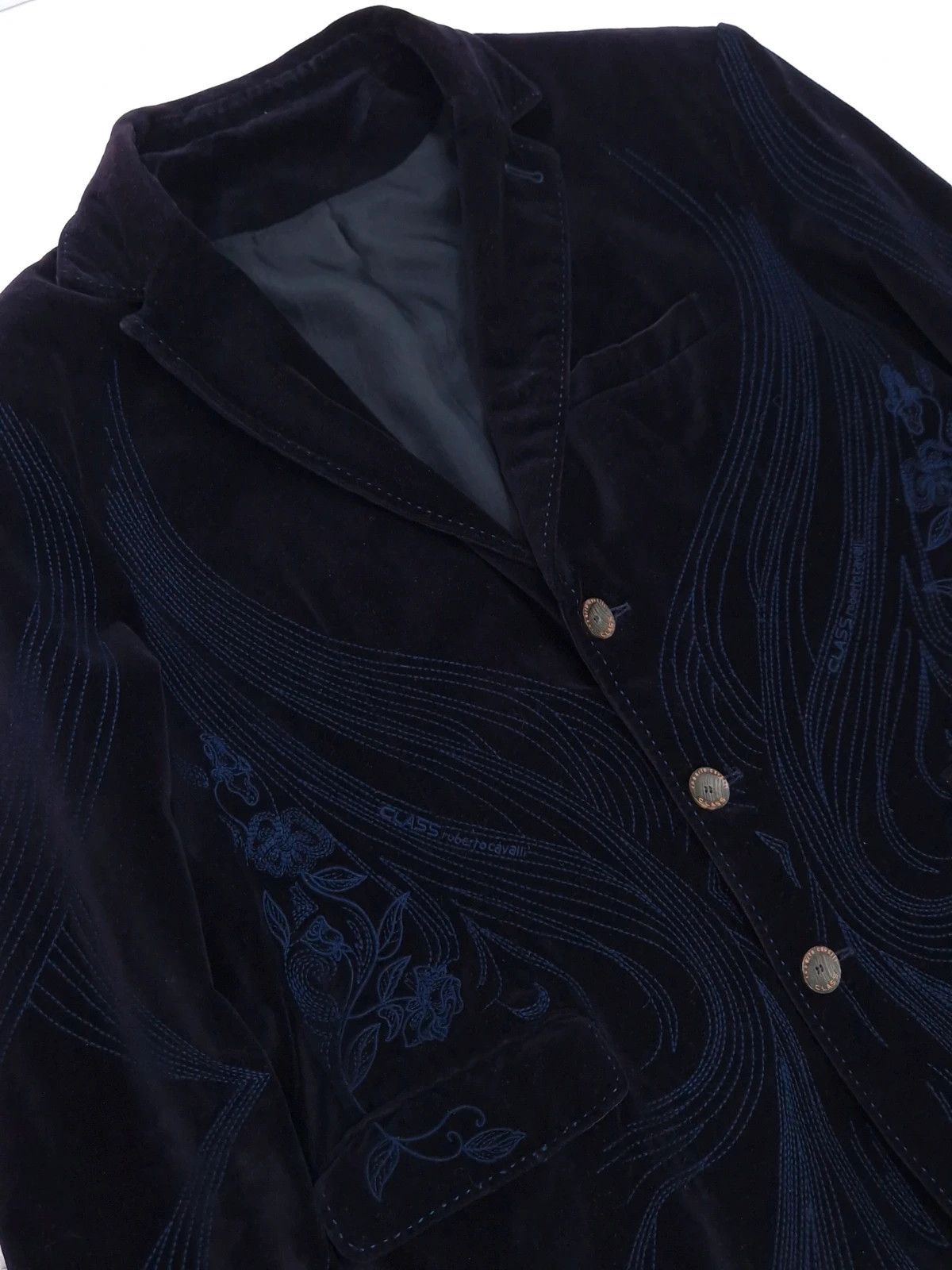 Roberto Cavalli Roberto Cavalli Men's Navy Velvet Blazer Floral & Wave Size US XL / EU 56 / 4 - 4 Thumbnail