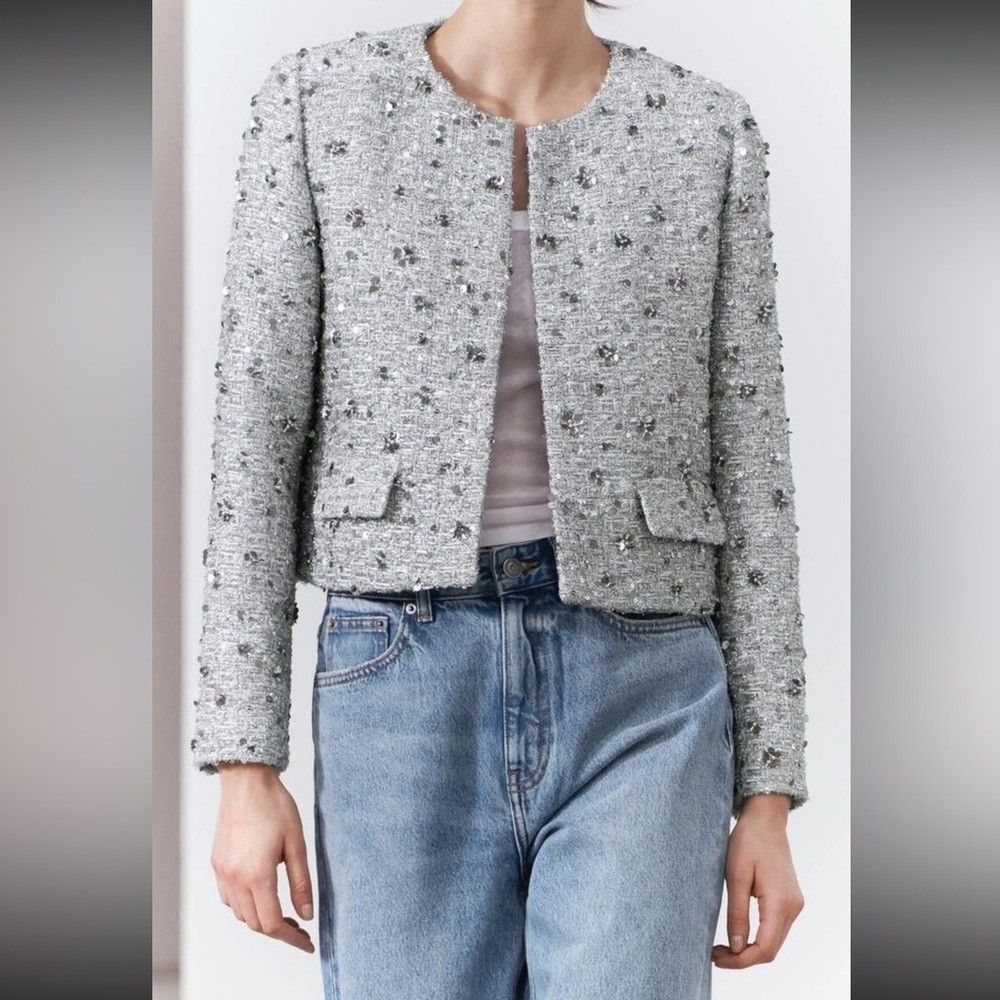 Zara ZARA ZW COLLECTION SS24 CROPPED SILVER SEQUIN JACKET REF. 2 Size M / US 6-8 / IT 42-44 - 5 Thumbnail