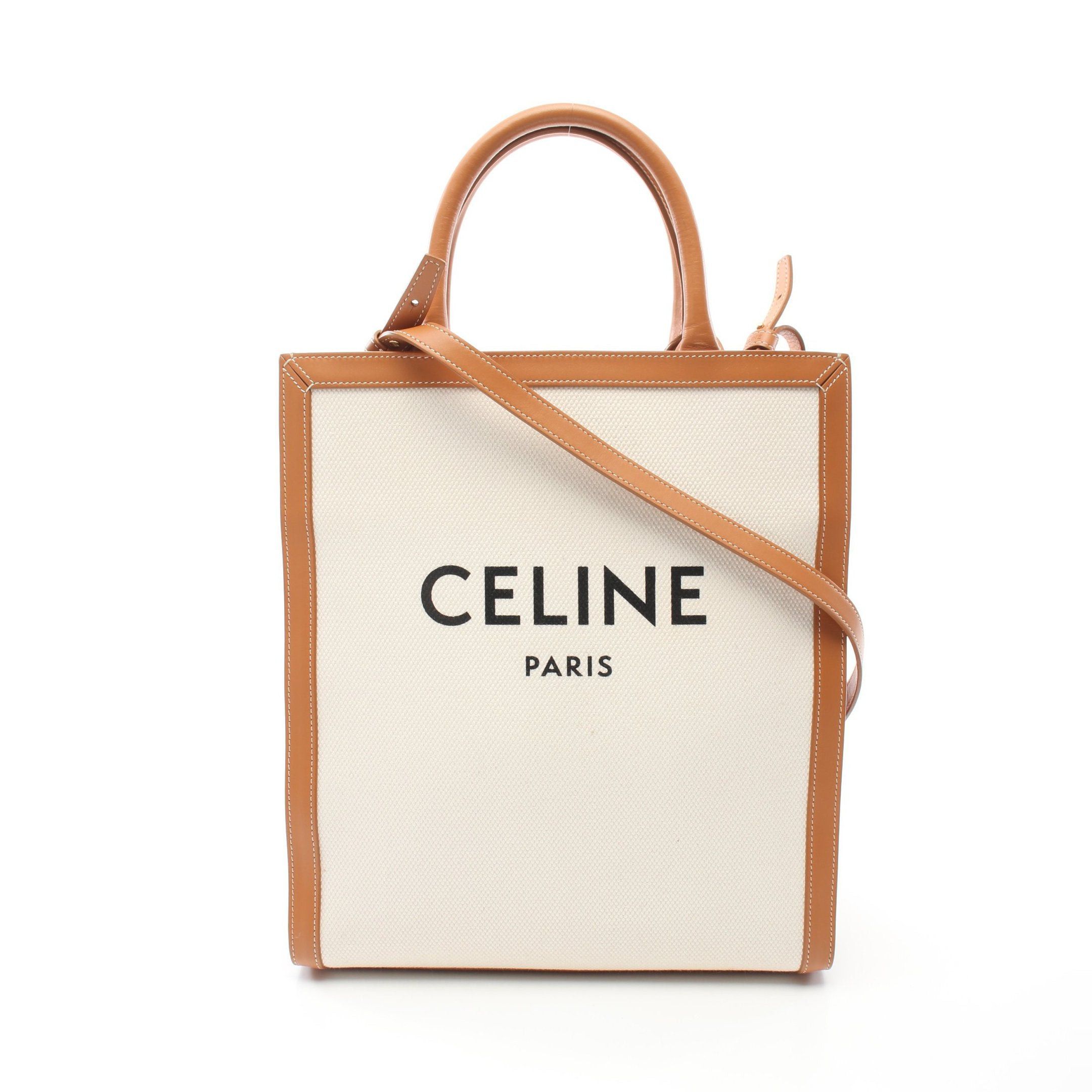 image of Small Vertical Celine Hippopotamus Handbag Tote Bag Canvas Leather Off White Light Brown 2Way, Wome
