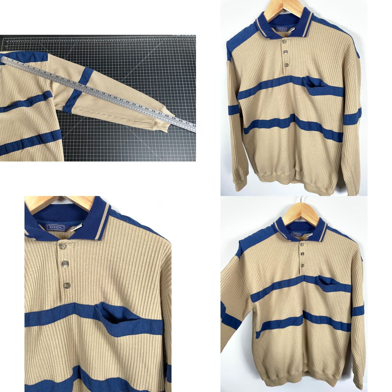 Vintage Envoy Polo Shirt Shirt Adult Large Beige 90s Retro Waffle Knit Long Sleeve Blue Panel Trim Vintage Mens Size US L / EU 52-54 / 3 - 8 Thumbnail