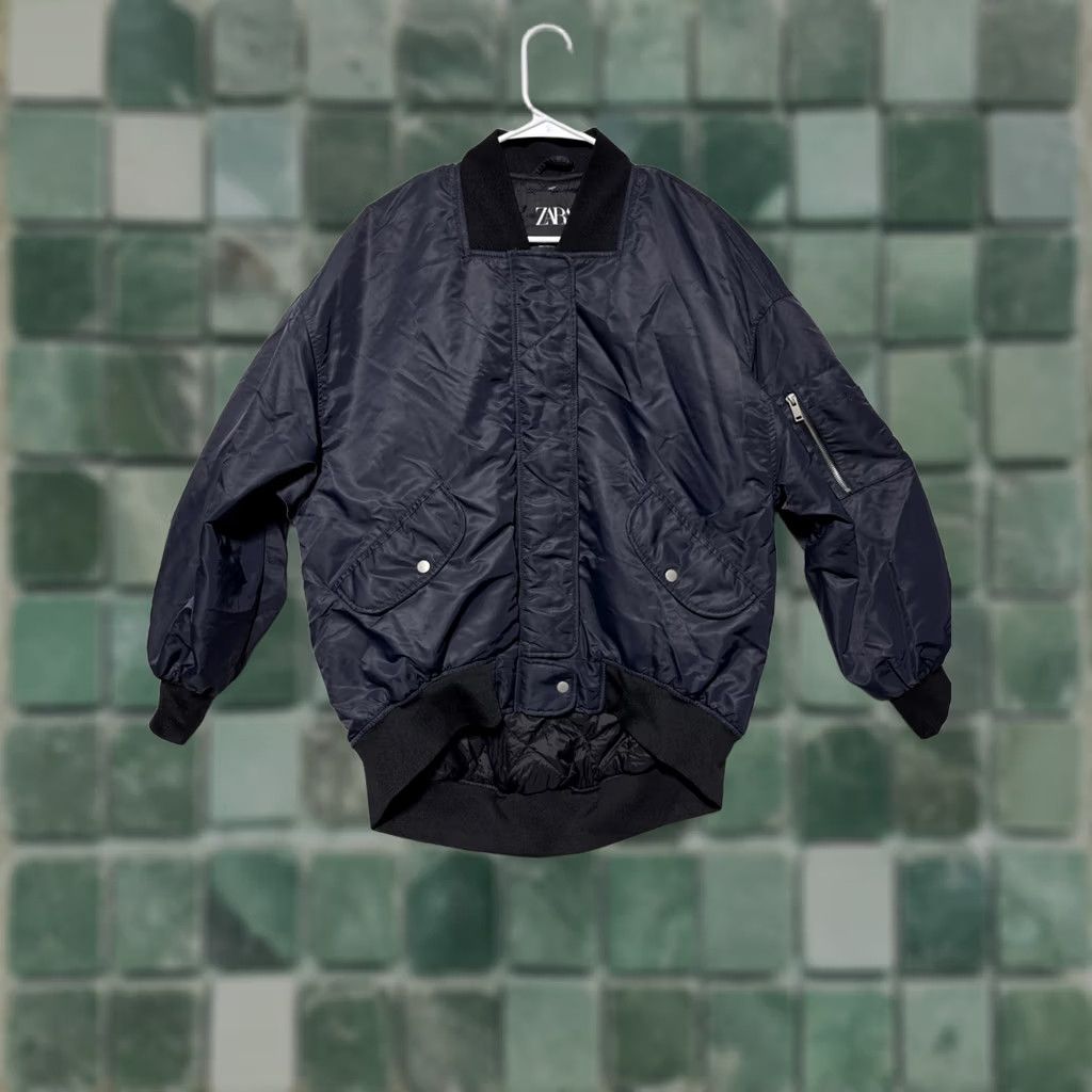 Zara Zara MA-1 Bomber Jacket Dark Blue Women’s Size S Oversized Zip Snap Polyester Lining Regular Size S / US 4 / IT 40 - 1 Thumbnail