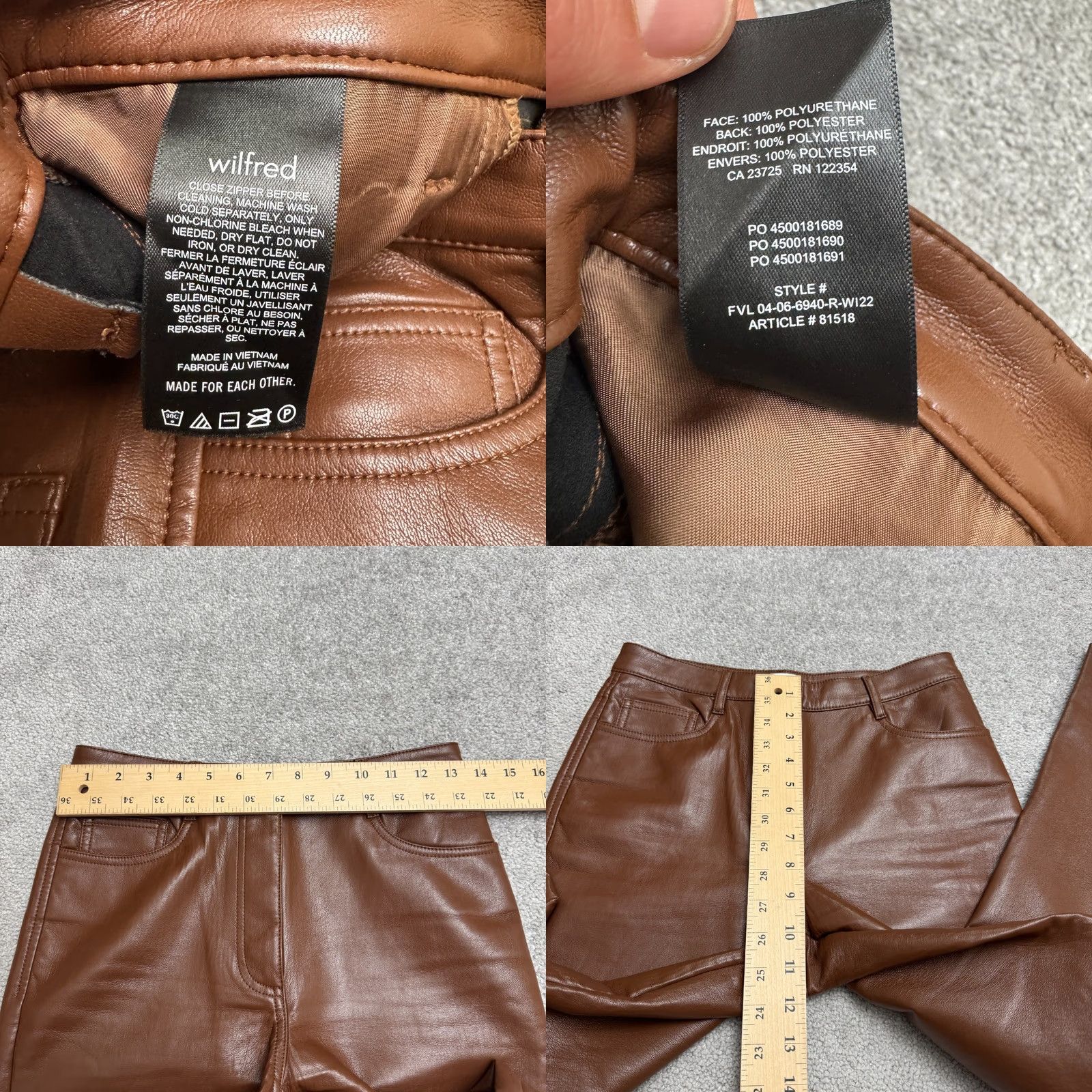 Vintage Wilfred Melina Faux Leather Straight Leg Pants Womens 2 Brown 26in Waist 28in Inseam Button Zip Front Flat Front Dress Pants Size 26" / US 2 / IT 38 - 8 Thumbnail