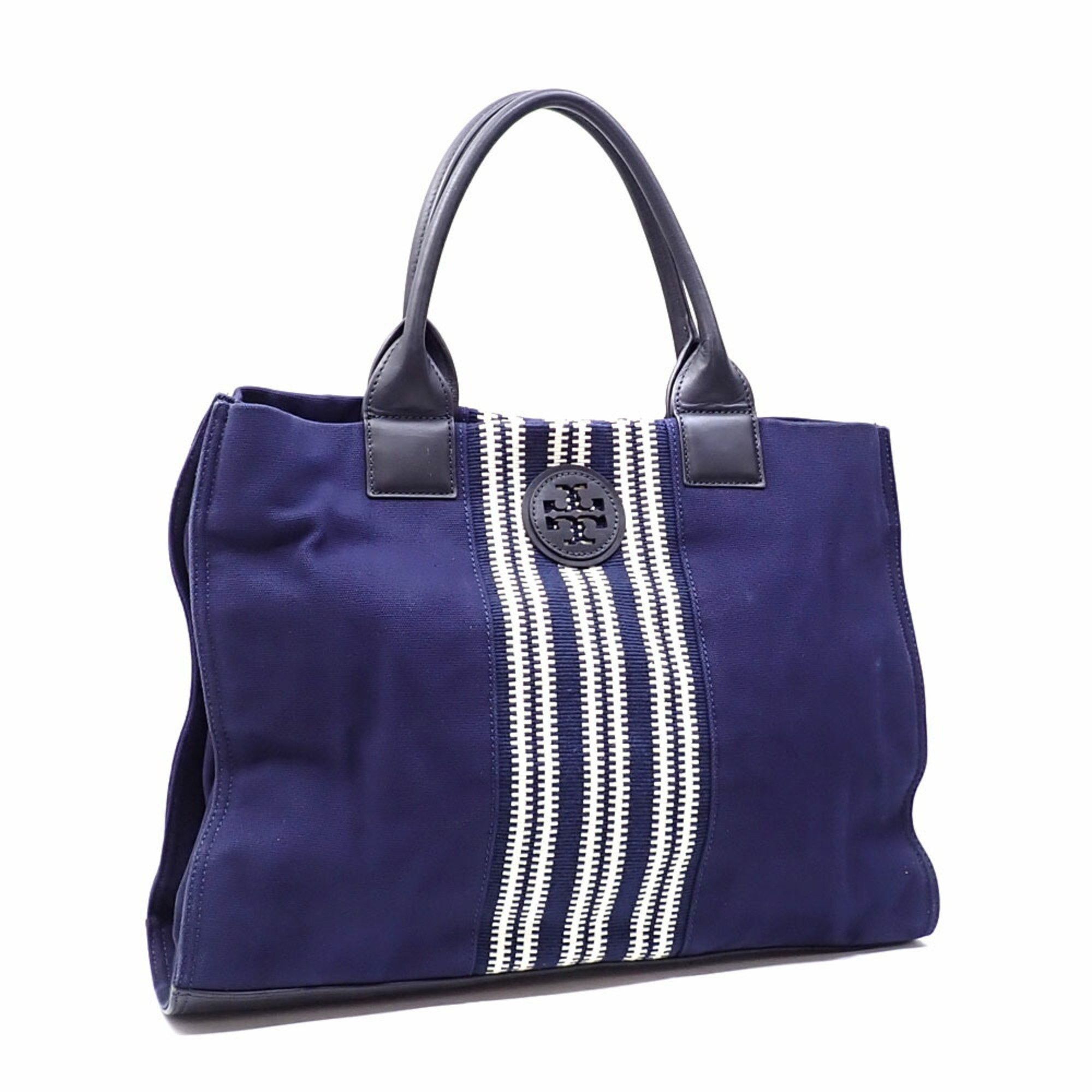 Tory Burch Tote Bag For Women Navy White Canvas Leather Handbag in Blue
