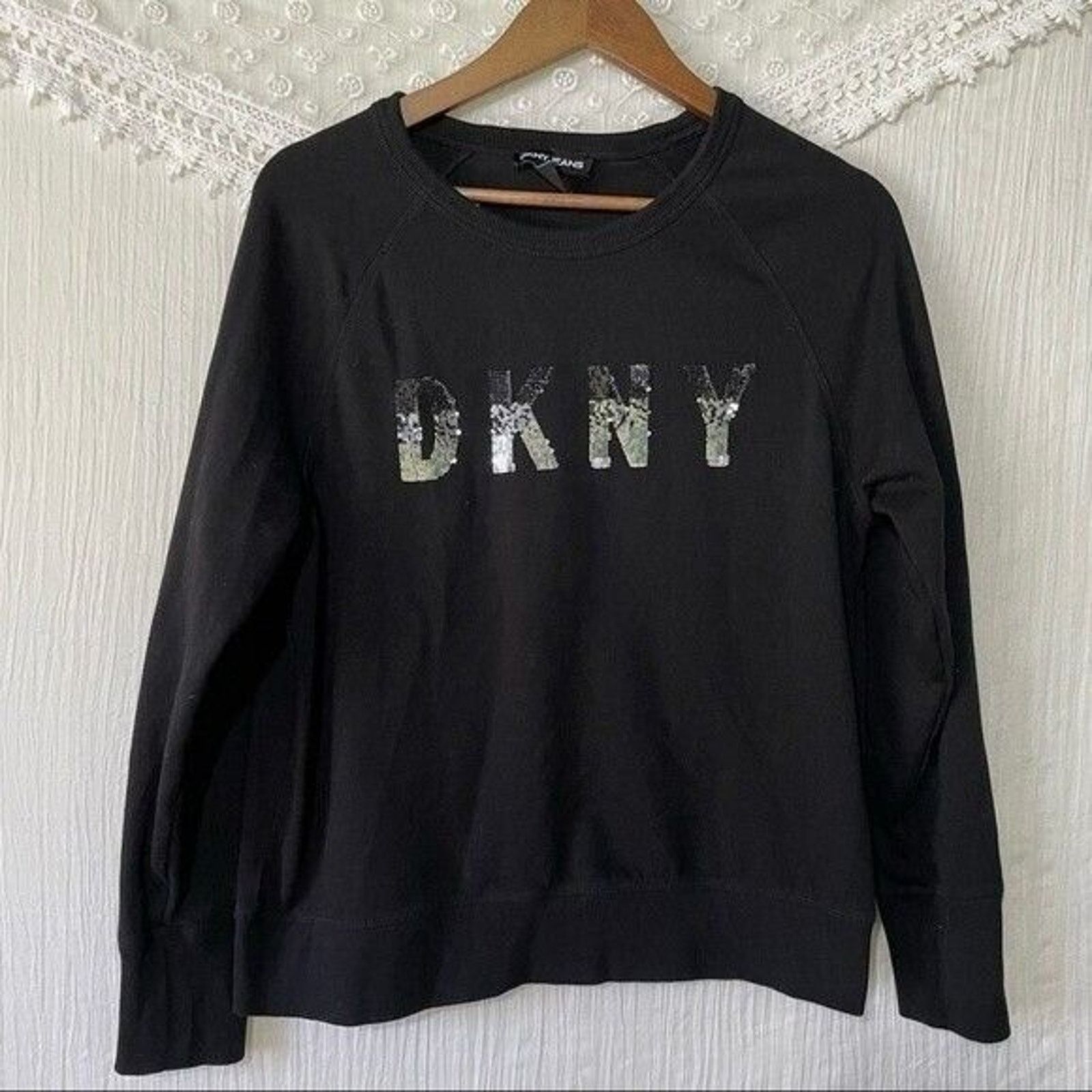 DKNY DKNY Womens Sweatshirt Size Medium Black Logo Silver Sequins Size M / US 6-8 / IT 42-44 - 2 Thumbnail