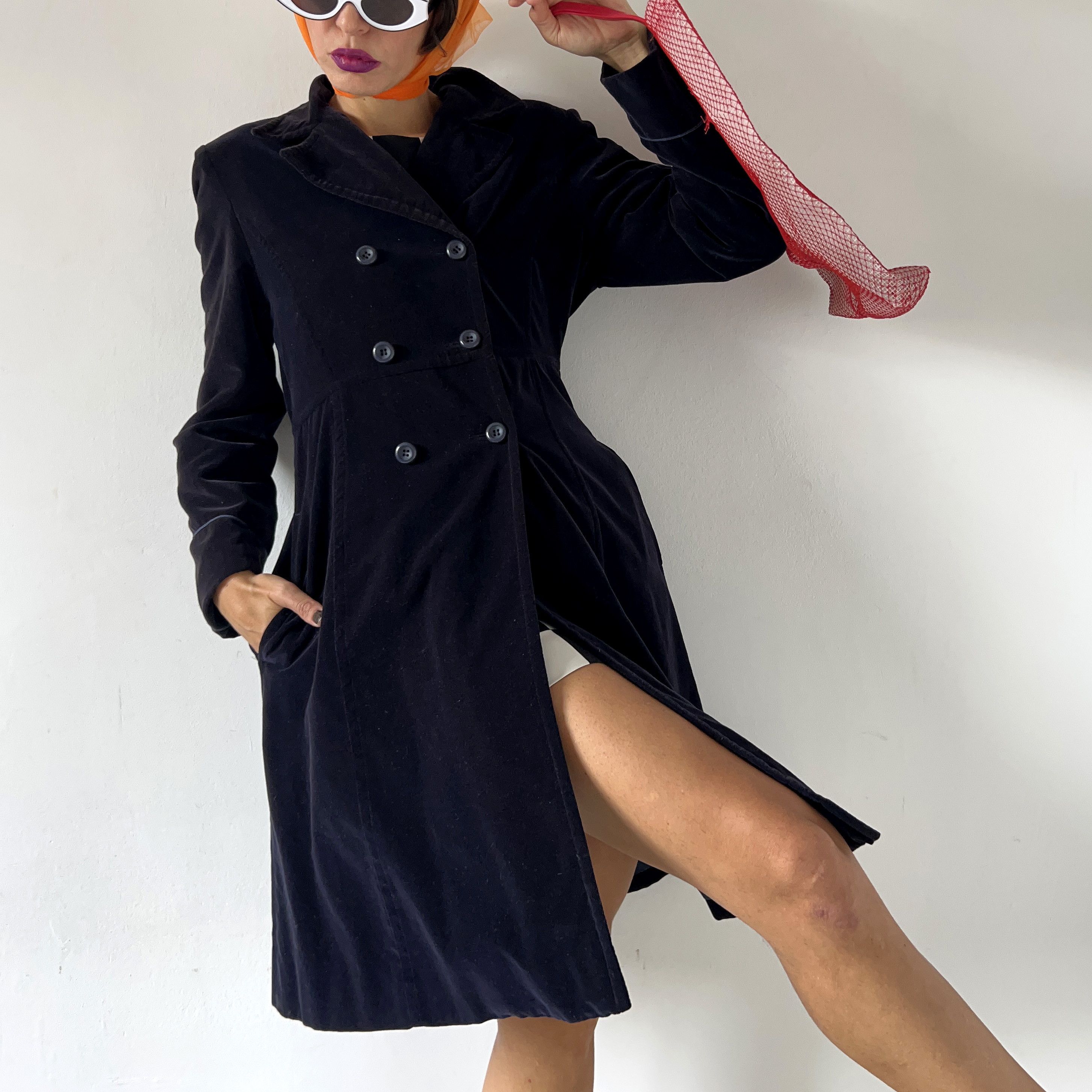 Vintage navy blue velvet midi coat