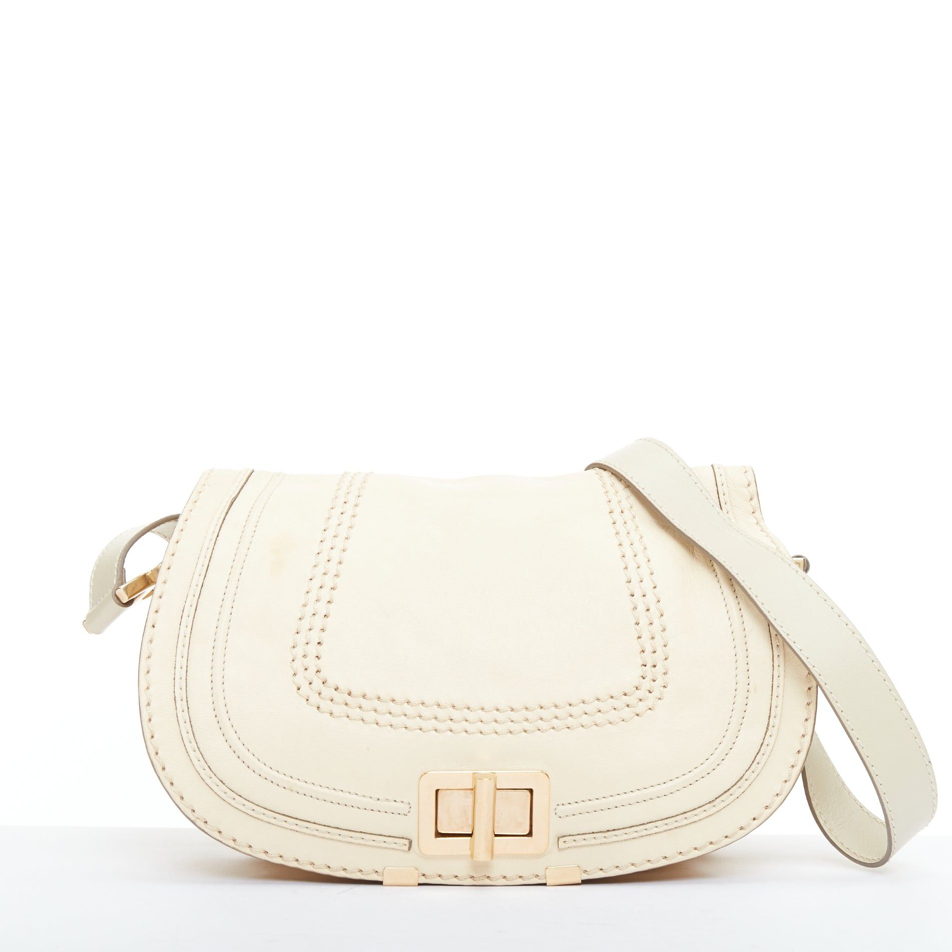 Chloe Marcie Lock Beige Leather Gold Hardware Half Saddle Crossbody Bag, Women's