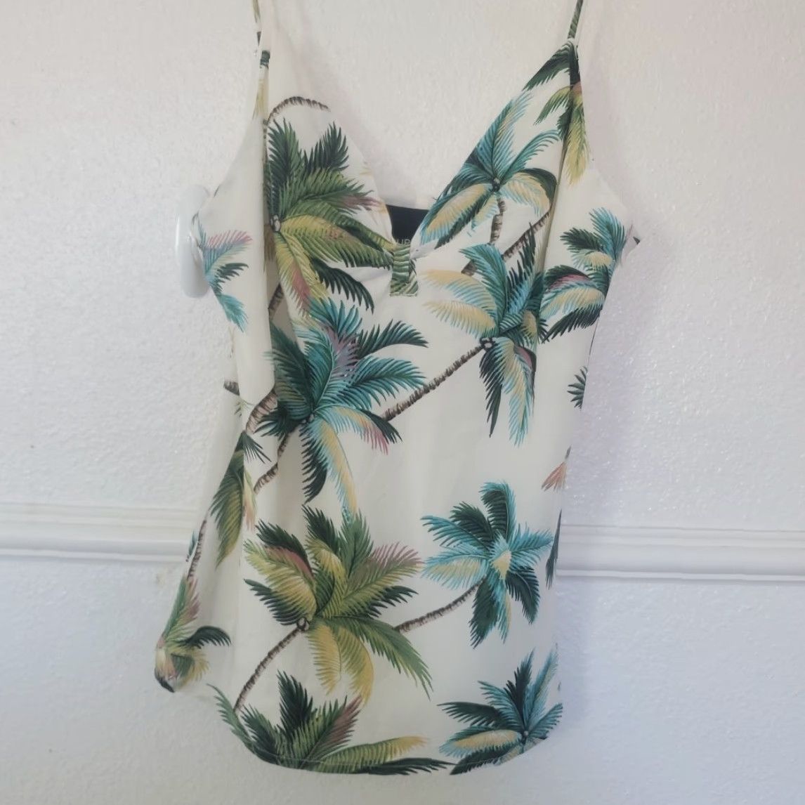 VINTAGE Le Superbe Silk Top Lined Club Tropicana Coconut Palm Trees Tank Side Zip Sz 8
