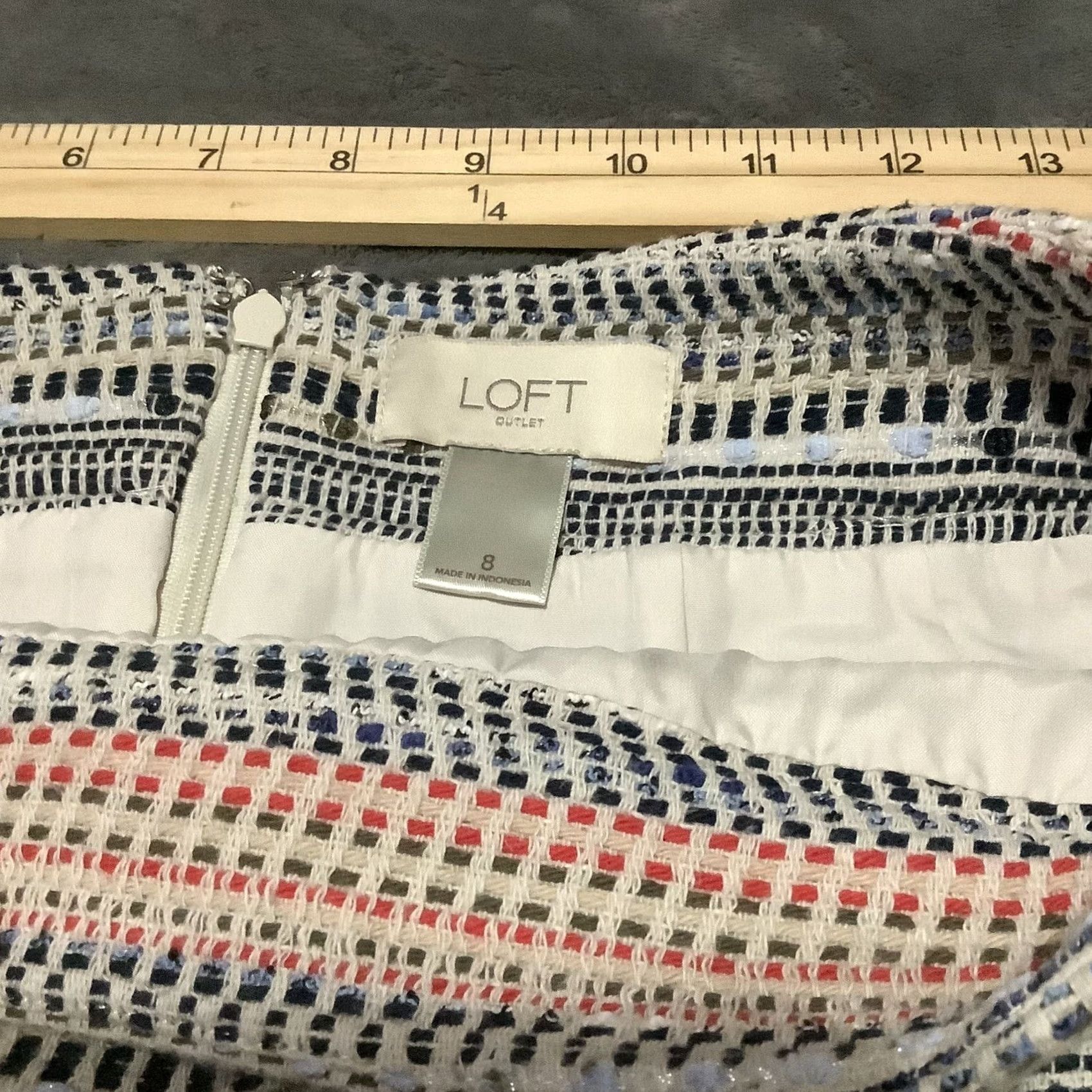 Loft LOFT Skirt Mini Womens Sz 8 Cream & Red Multicolor Tweed Fringe Lined Zip Short Cotton Blend Size 30" / US 8 / IT 44 - 3 Thumbnail