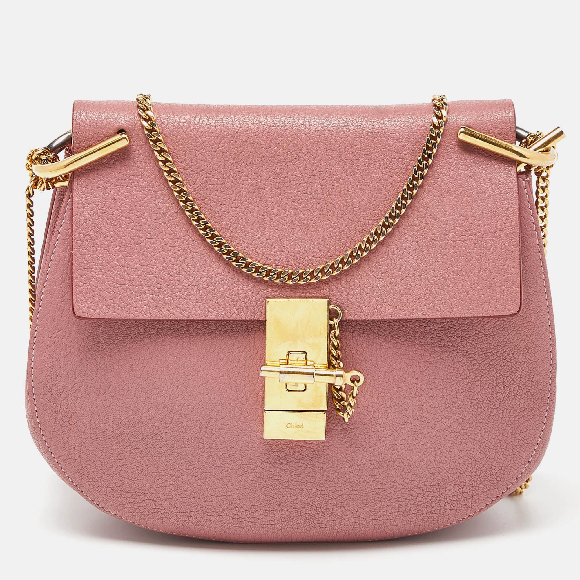 image of Chloe Pink Leather Medium Drew Shoulder Bag, Women's
