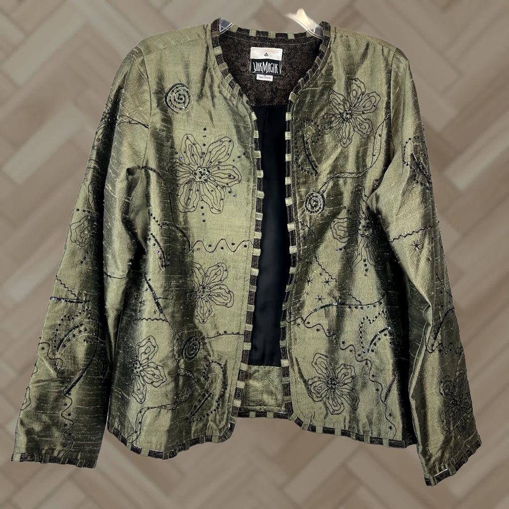 Vintage VINTAGE Yak Magik Blazer Womens L Jacket Silk Green Open Embroidered Beaded Sequin Size L / US 10 / IT 46 - 1 Thumbnail