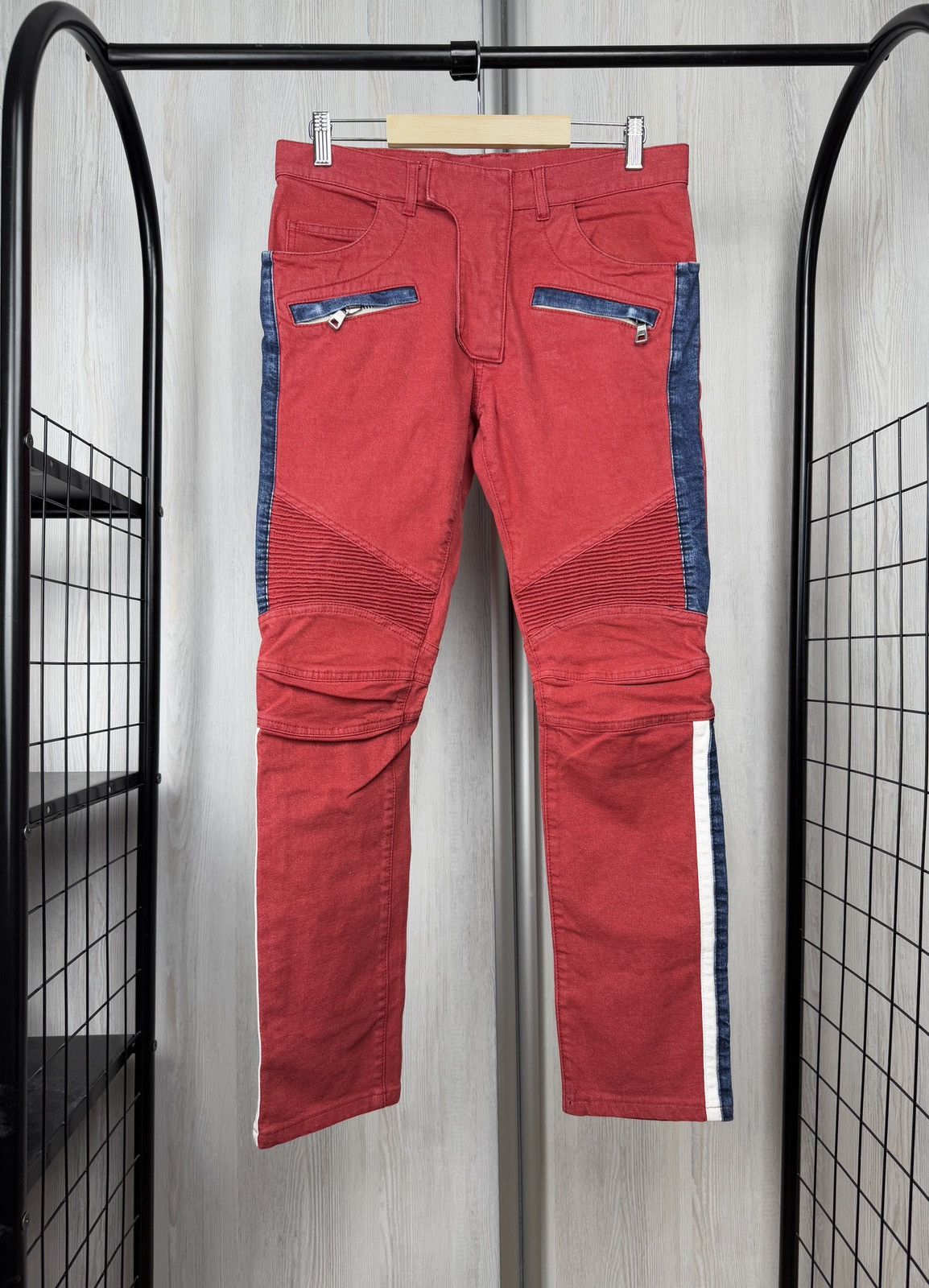 Balmain Balmain 15SS Men's Side Stripe Stretch Biker Red Denim Jeans Size US 29 - 1 Thumbnail