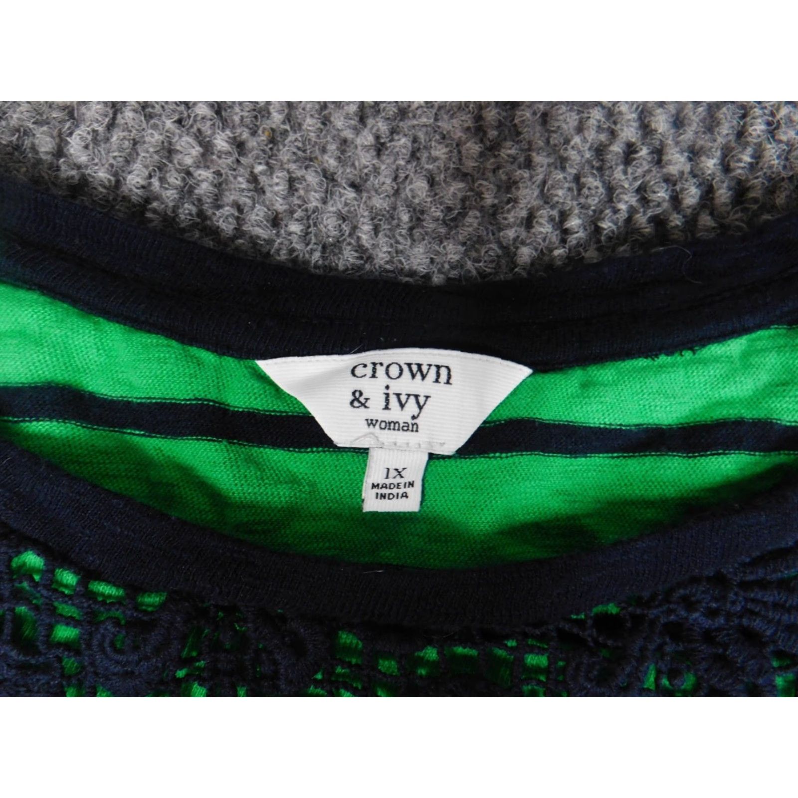 Vintage Crown & Ivy Blouse 1X Plus Green Striped Knit Crew Neck Pullover 3/4 Sleeve Casual Womens Size XL / US 12-14 / IT 48-50 - 5 Thumbnail