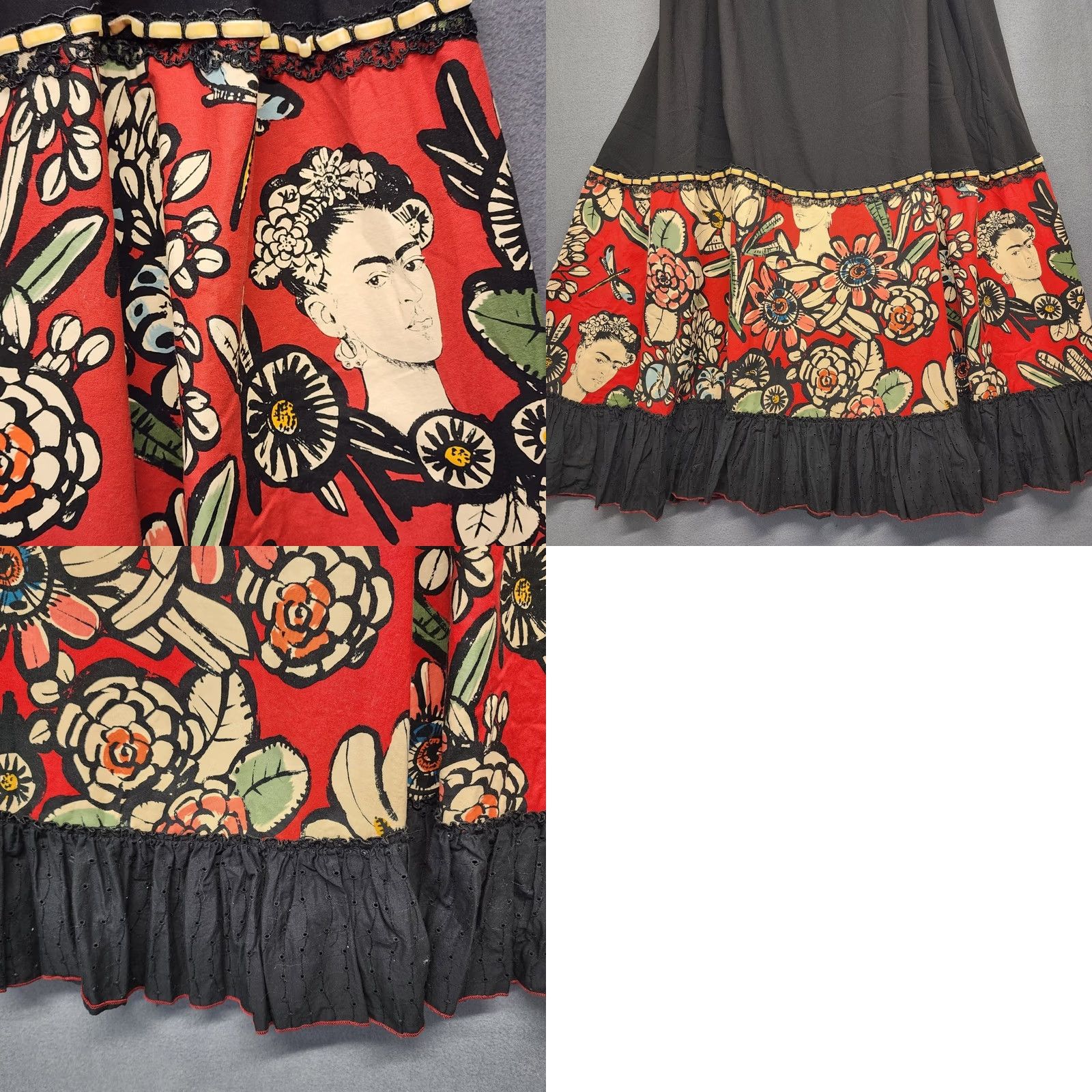 Folk Melate Frida Kahlo Art Print Skirt Womens XL Black Red Folk Art Back Zip Skirt Midi Flare Zip Womens XL Black Red Frida Kahlo Art Print Skirt Size 40" / US 18 - 8 Thumbnail