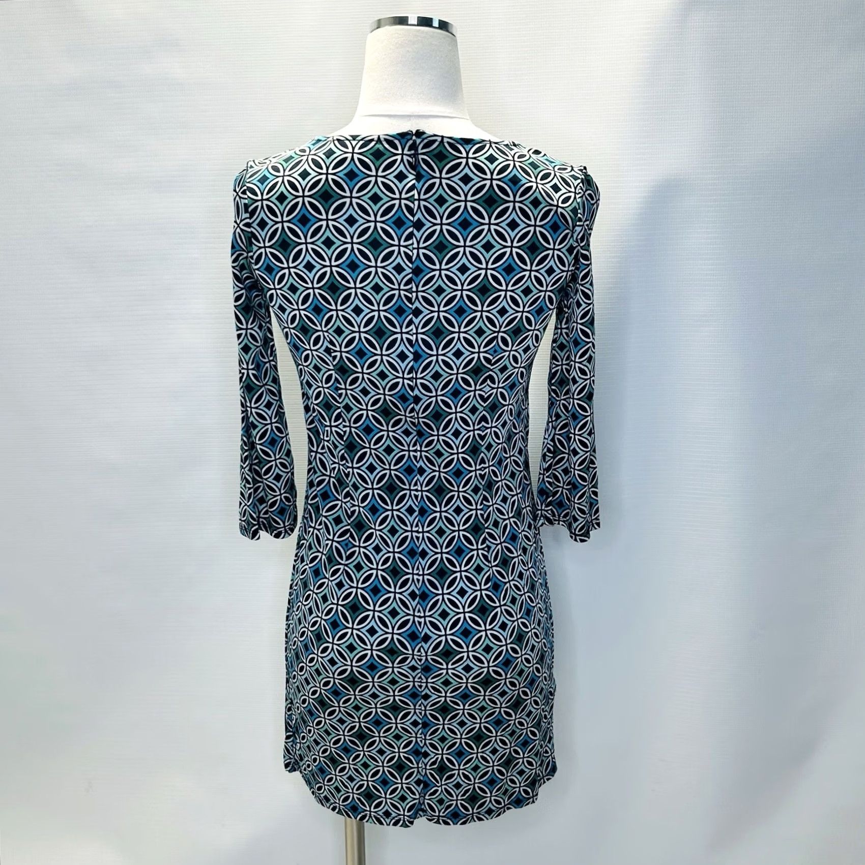Loft LOFT Geometric Blue Sheath Dress Womens Size 2 Beaded Neckline 3/4 Sleeve Short Dress Lightweight Rayon Vintage No Size XS / US 0-2 / IT 36-38 - 3 Thumbnail