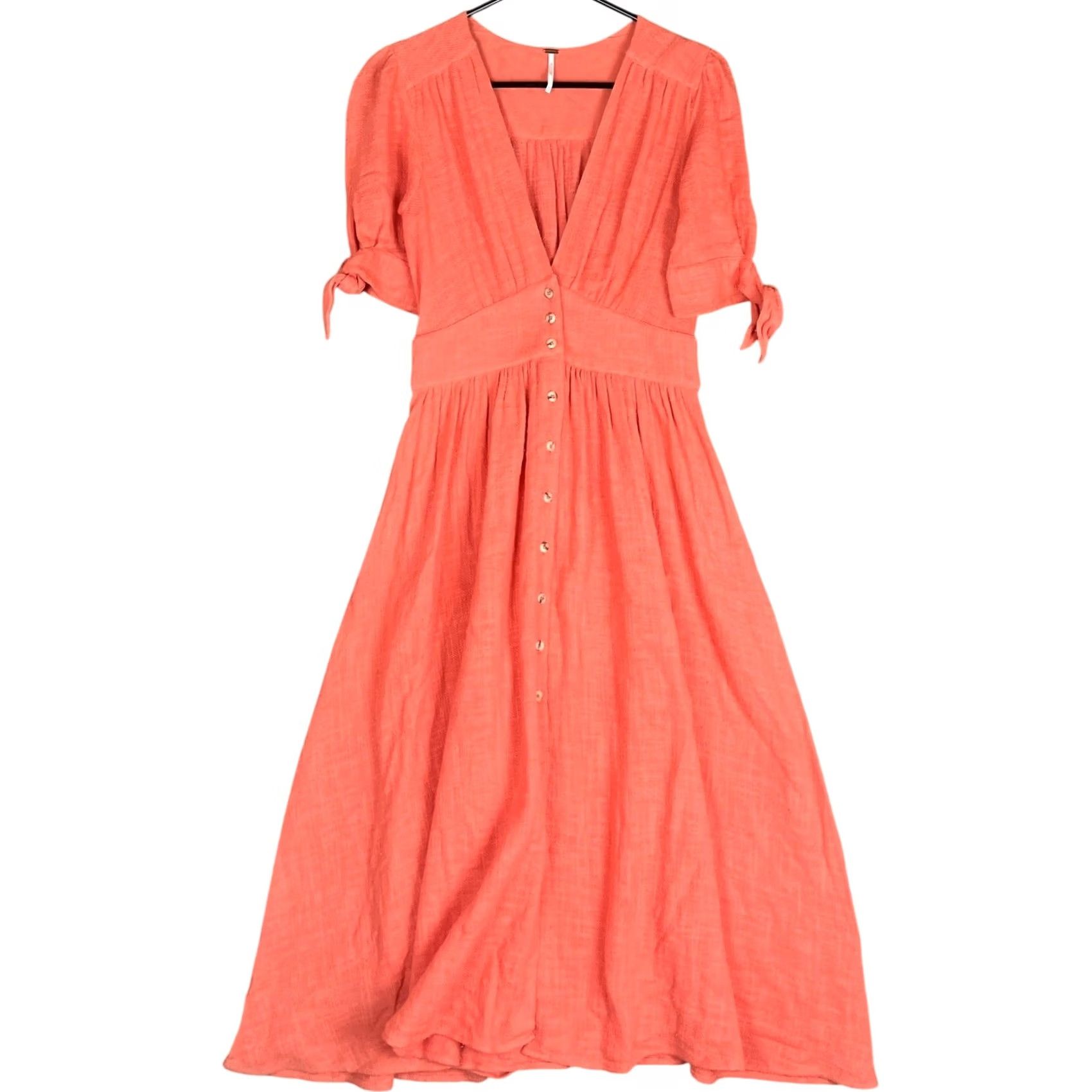 Free People Free People Dress Coral Daze Love Of My Life Button Down Midi Cotton XS Womens Dress Shirt? Size XS / US 0-2 / IT 36-38 - 2 Thumbnail