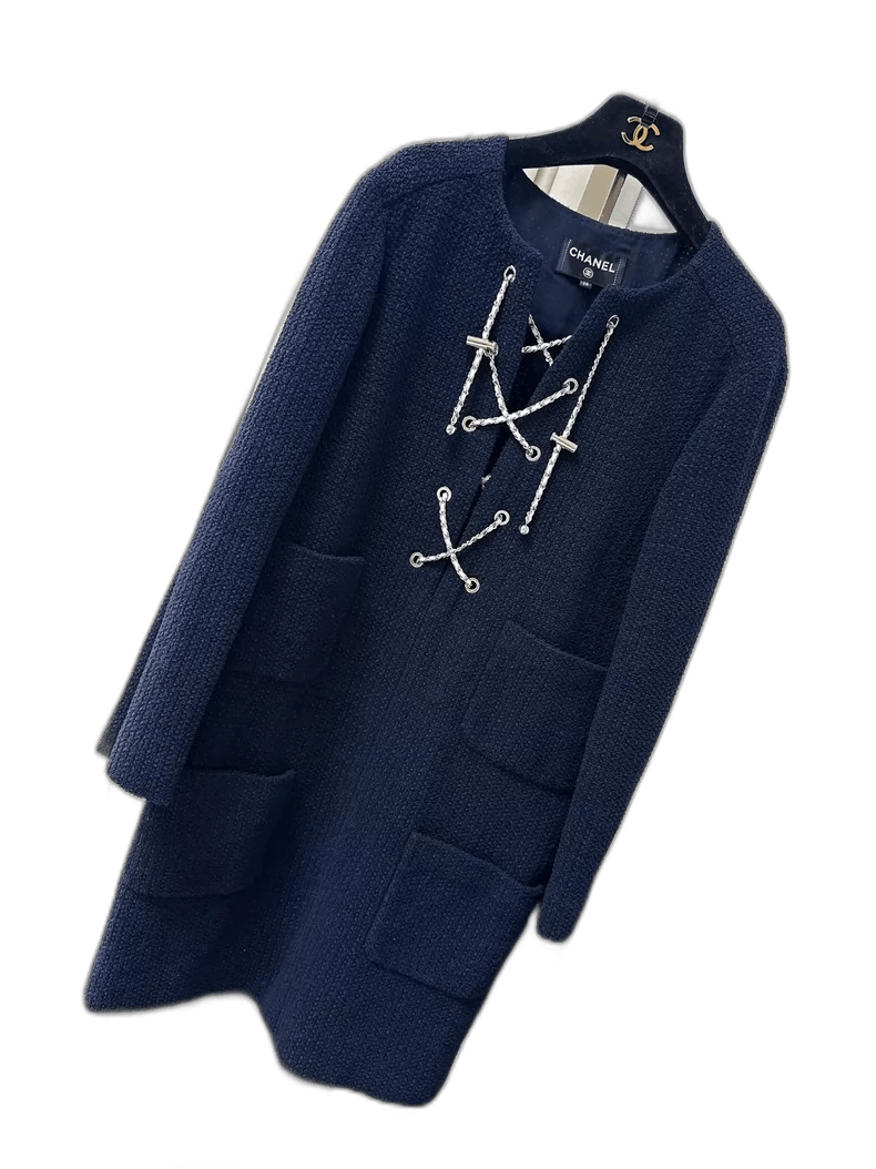 Chanel Chanel Navy Blue Tweed Dress with Drawstring Size M / US 6-8 / IT 42-44 - 1 Thumbnail