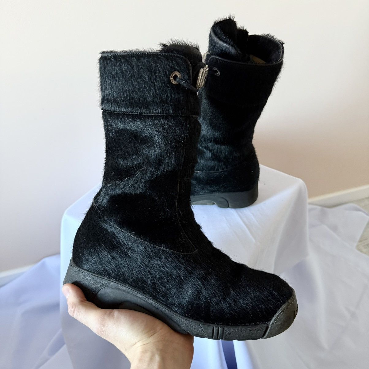 If Six Was Nine Vintage Y2K Bumper Pony Fur Black Lace Up Boots Size US 8 / IT 38 - 6 Thumbnail