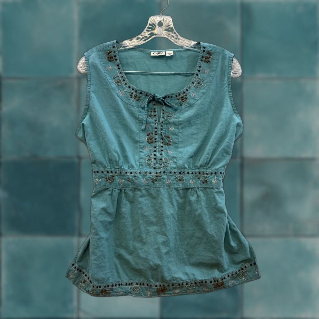 Vintage VINTAGE Y2K Cato Top Shirt M Blue Beaded Sequin Embroidered Bohemian Womens Size M / US 6-8 / IT 42-44 - 1 Thumbnail