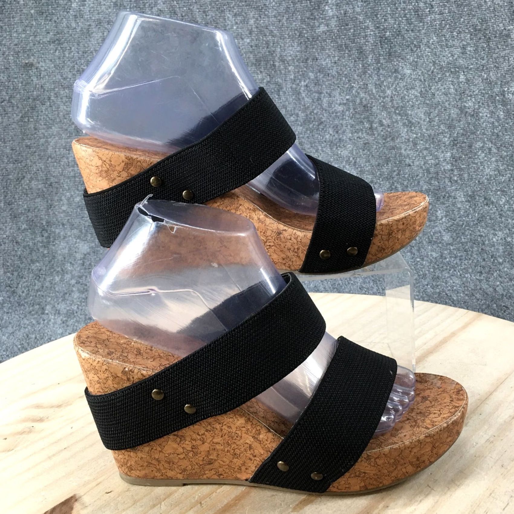 Vintage American Eagle Sandals Womens 9 Cork Heels Wedge Platform Slide Black Fabric Size US 9 / IT 39 - 2 Thumbnail