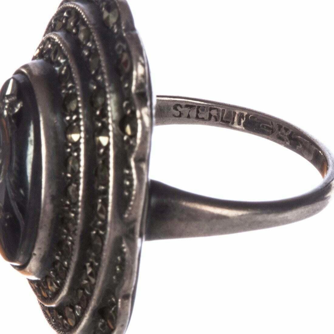 Designer Sterling Perseus Carved Hematite Intaglio Marcasite Ring Size ONE SIZE - 3 Thumbnail