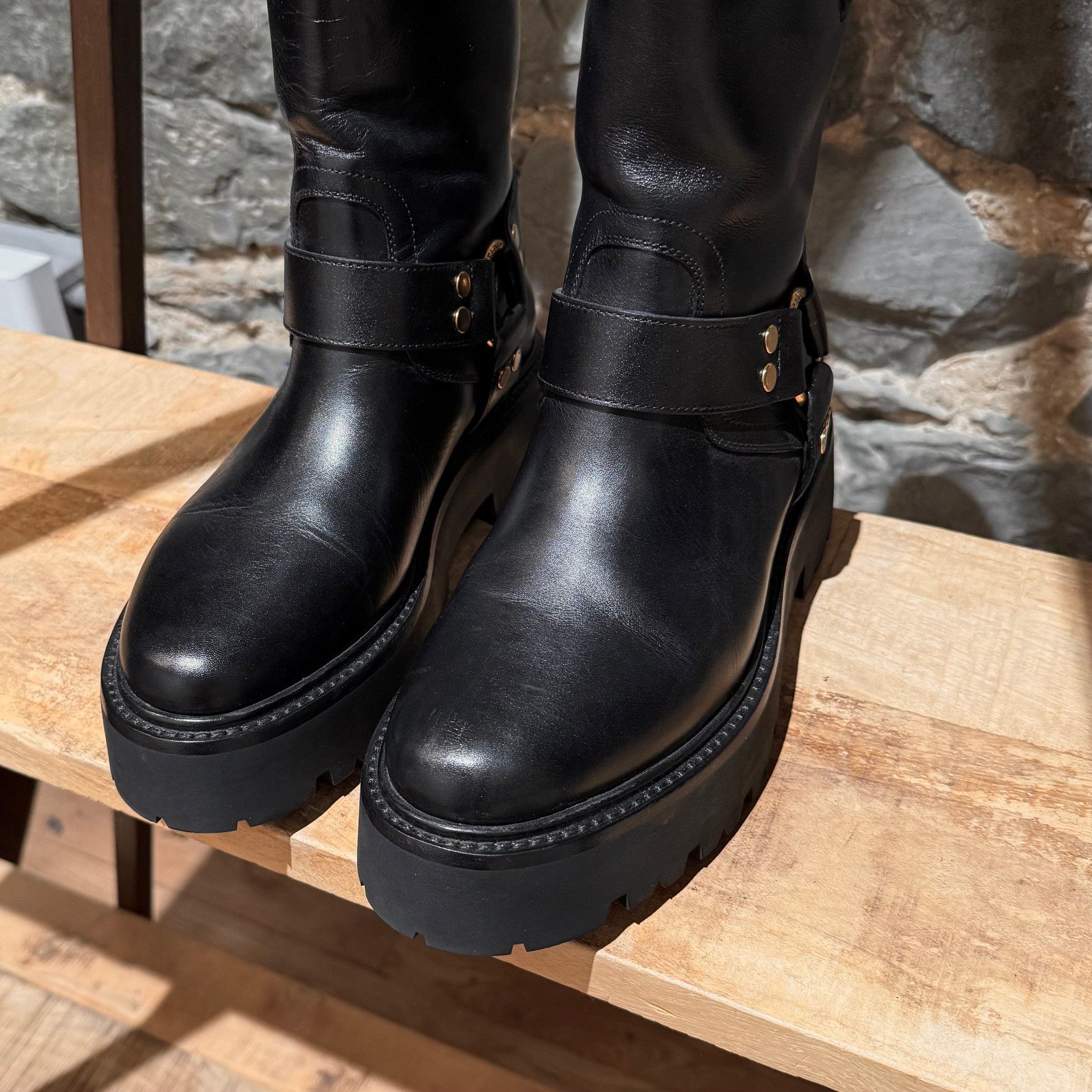 Celine Celine Black Leather Harness Bulky Biker Mid Boots Size US 10.5 / IT 40.5 - 3 Thumbnail