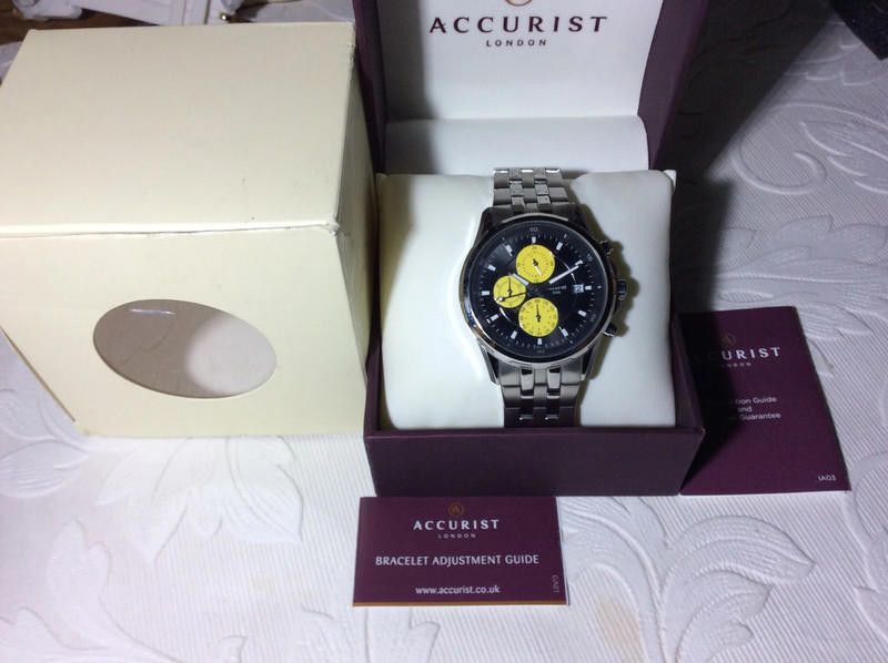 Accurist Mens Black yellow dial stainless steel watch