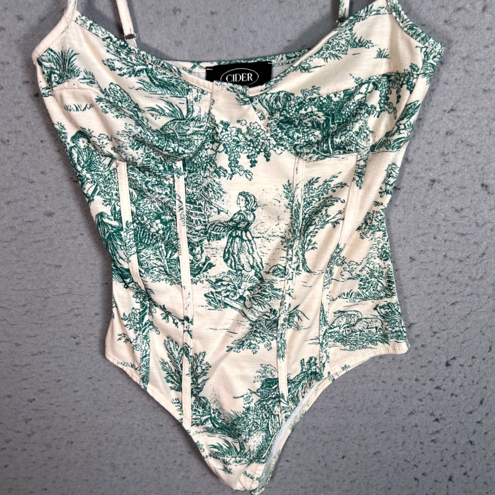 Cider Cider Bodysuit Shirt Womens XS Toile Print Adjustable Straps Green 90s Vintage Graphic Print Bodysuit Womens XS Green Size XS / US 0-2 / IT 36-38 - 4 Thumbnail
