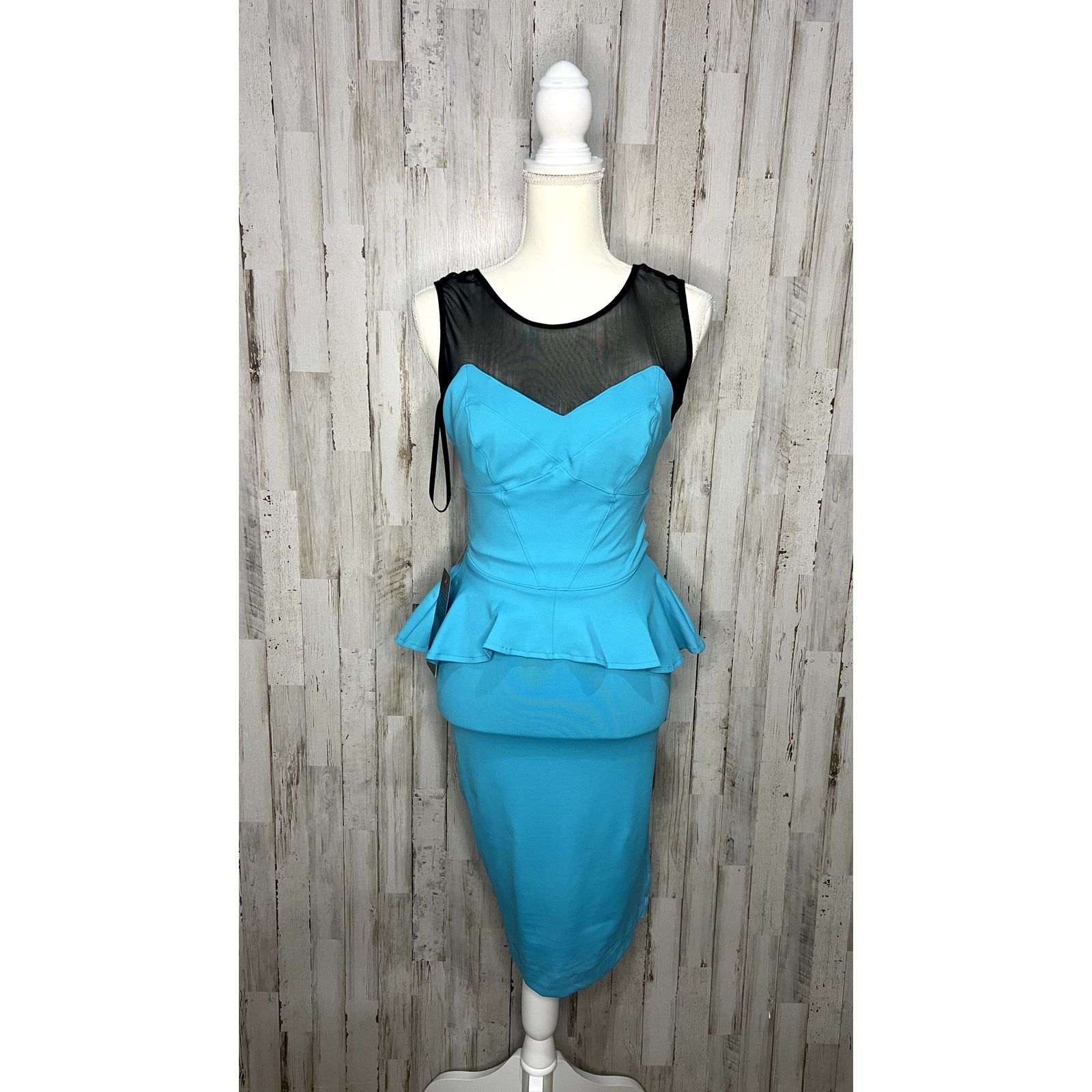 Bebe NWT Bebe Blue Mesh Yoke Sleeveless Peplum Midi Dress XS Size XS / US 0-2 / IT 36-38 - 2 Thumbnail