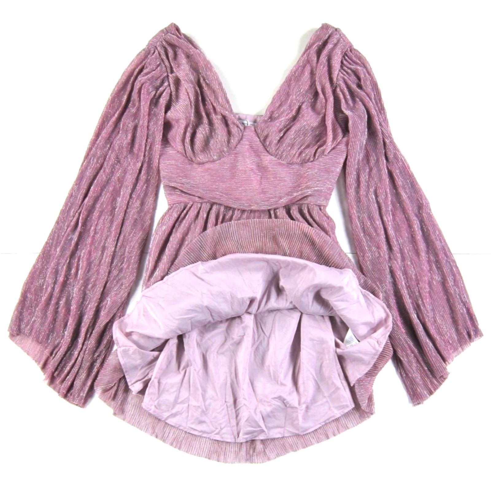 Alife AEL Amy Enjoy Life Pink Shimmery Sparkle Dress – Long Flare Sleeve V-Neck, Large, Women, Polyester, Short Length Size L / US 10 / IT 46 - 5 Thumbnail