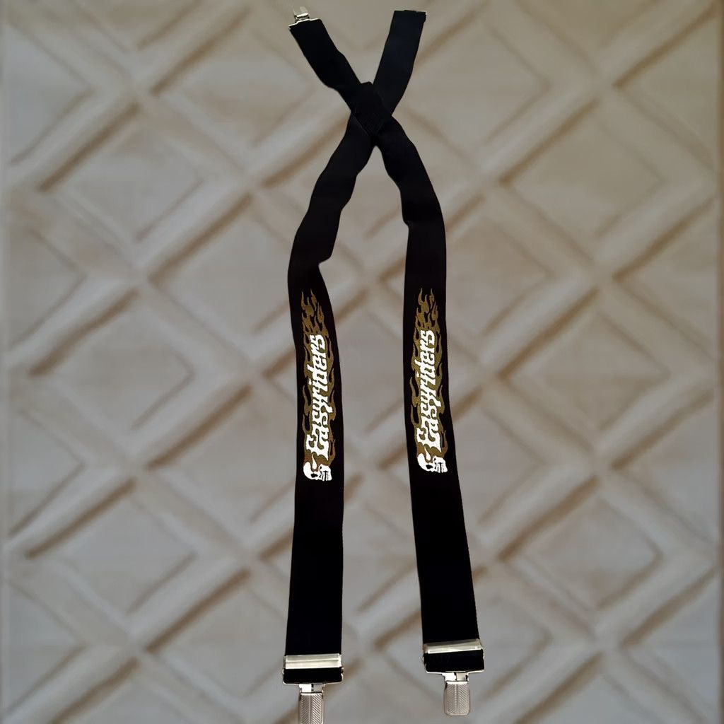 Vintage VINTAGE Easy Riders Suspender Men Black Orange Flame's Rare Adjustable Clip Biker Harley Width One Size Size ONE SIZE - 1 Thumbnail