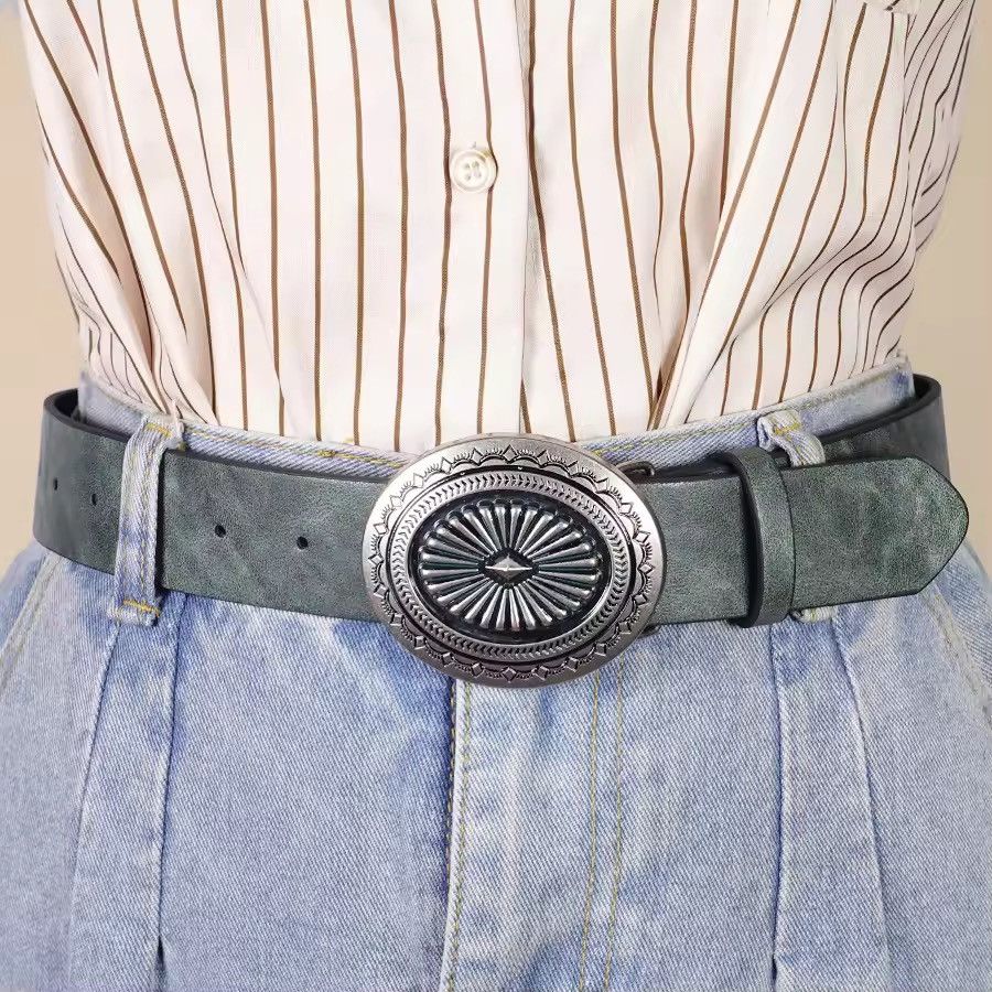 Japanese Brand 100 cm Western Oversized Engraved Buckle Belt Size 32 - 1 Thumbnail