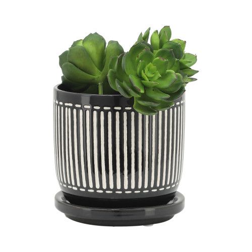 Designer × Homemade S/2 5/6" VERTICAL LINES PLANTER W/ SAUCER, BLACK Size US L / EU 52-54 / 3 - 4 Thumbnail