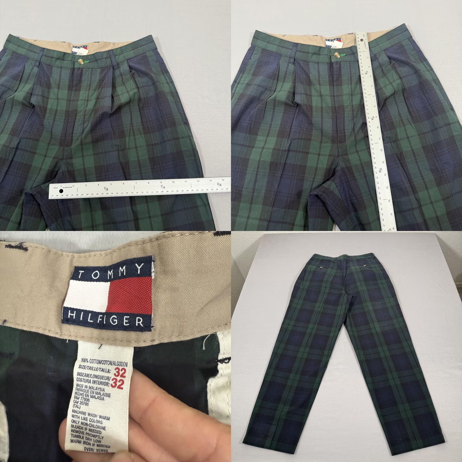 Tommy Hilfiger VINTAGE Tommy Hilfiger Pants Mens 32x32 Green Tartan Plaid Pleated Chino Baggy Size US 32 / EU 48 - 8 Thumbnail