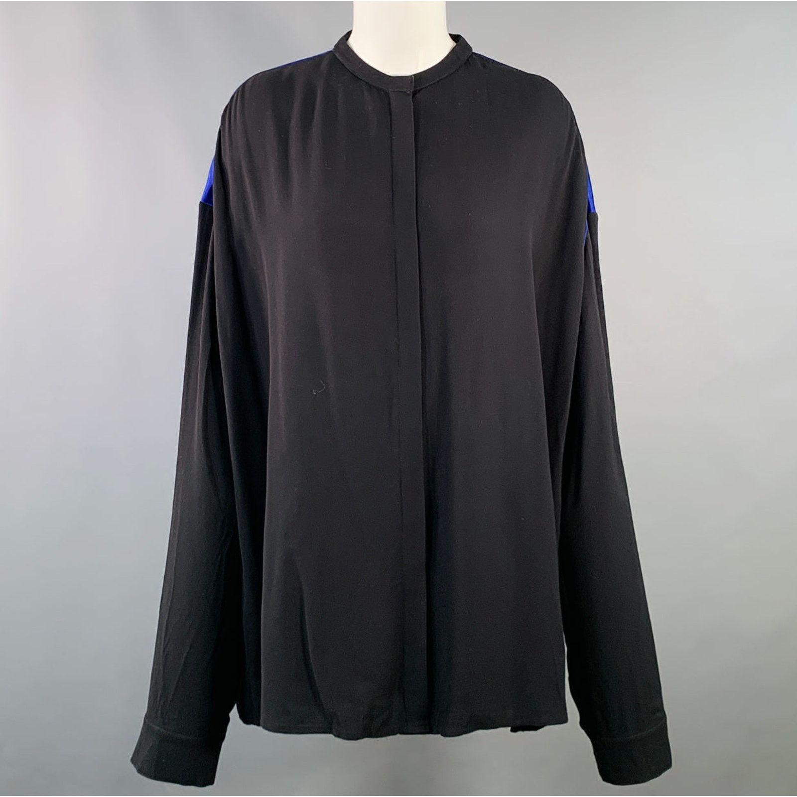Haider Ackermann Black Blue Viscose Silk Nehru Collar Hidden Buttons Shirt Size S / US 4 / IT 40 - 1 Thumbnail