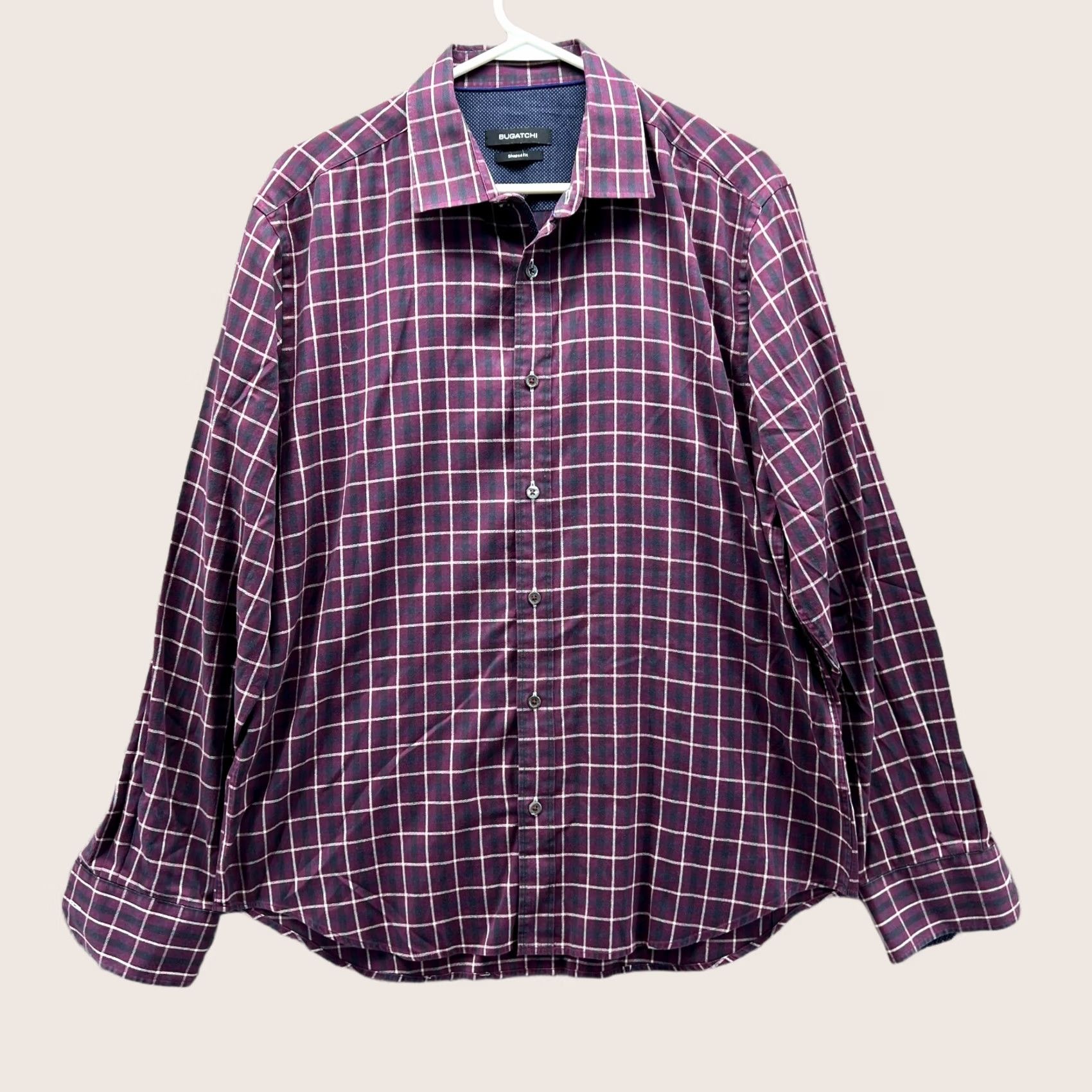 BUGATCHI VINTAGE Bugatchi Shirt Mens XL Purple Button-Down Glen Check Shaped Fit XL Button-Up, Check, Cotton, Men, Bugatchi Uomo Size US XL / EU 56 / 4 - 1 Thumbnail
