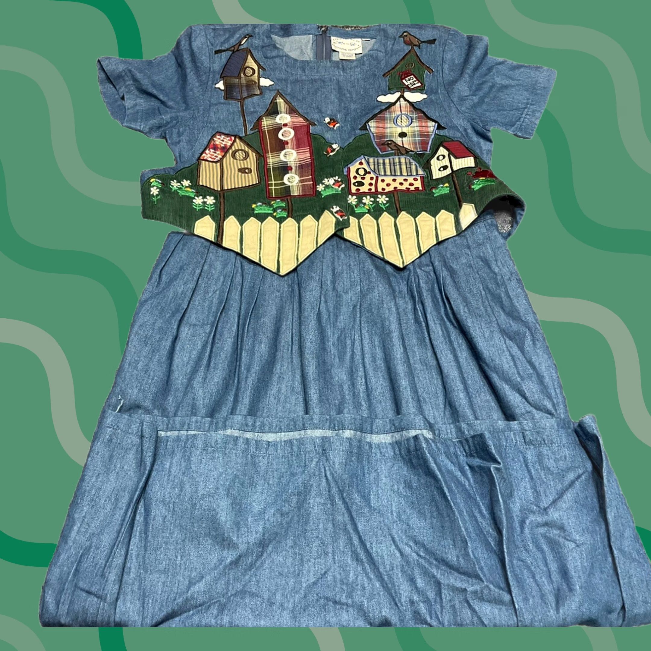 Denime VINTAGE Country Wear Clothing Company Dress 10P Lace Collar 90s Denim Cottage Blue Midi Cotton Size L / US 10 / IT 46 - 1 Thumbnail
