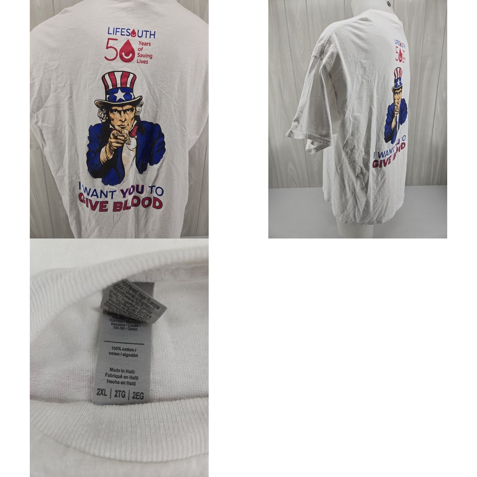 Gildan Lifesouth Blood Donor Uncle Sam Wants You Graphic T Shirt 2XL White Mens Gildan Short Sleeve Crew Neck Graphic Tee Size US XXL / EU 58 / 5 - 8 Thumbnail