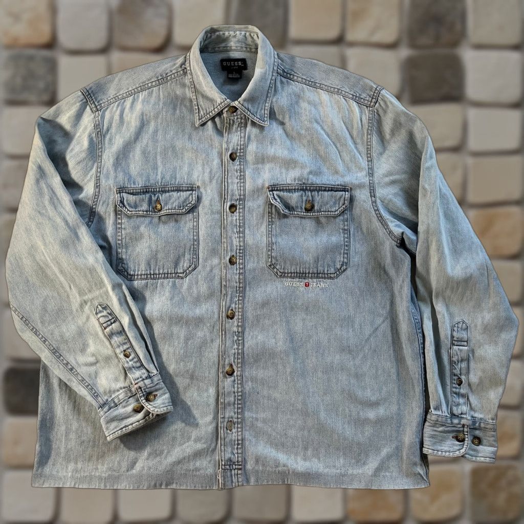 Guess VINTAGE Guess Jeans Button-Up Denim Shirt Mens 90s Americana Sz L Blue Denim Embroidered Pockets Size US L / EU 52-54 / 3 - 1 Thumbnail