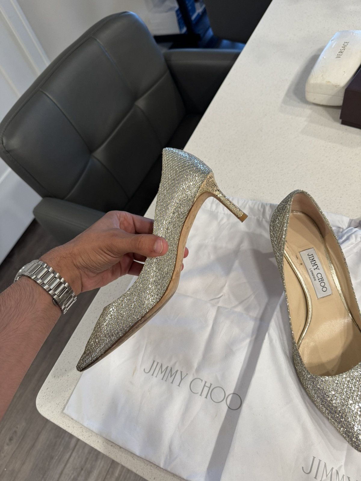 Jimmy Choo Jimmy Choo Romy 100 Glitter Pumps Size US 8.5 / IT 38.5 - 2 Thumbnail