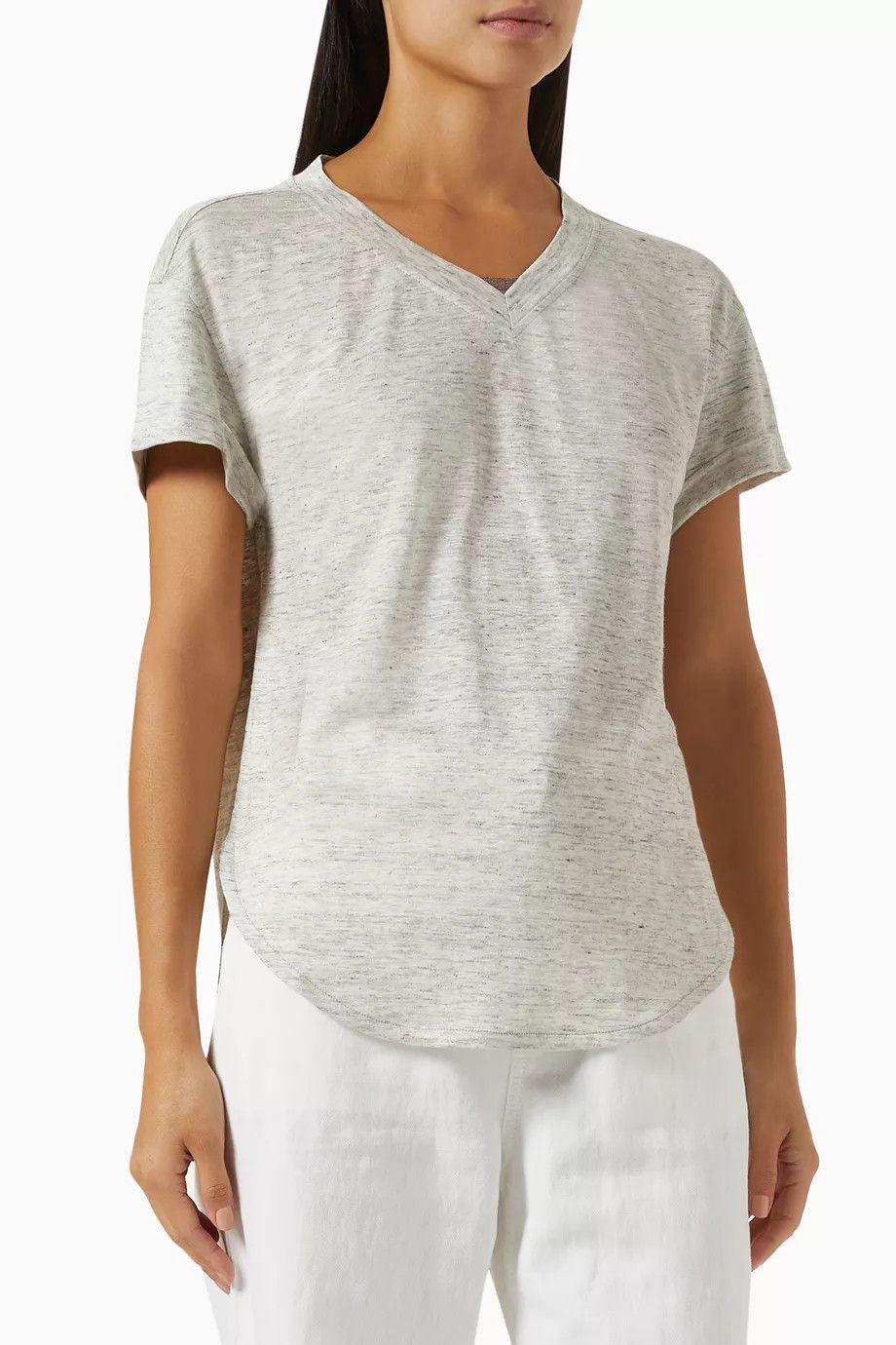 Brunello Cucinelli o1y0825 V-neck Short Sleeves T-Shirt in Light Gray Size 3XL / US 20-22 - 1 Thumbnail