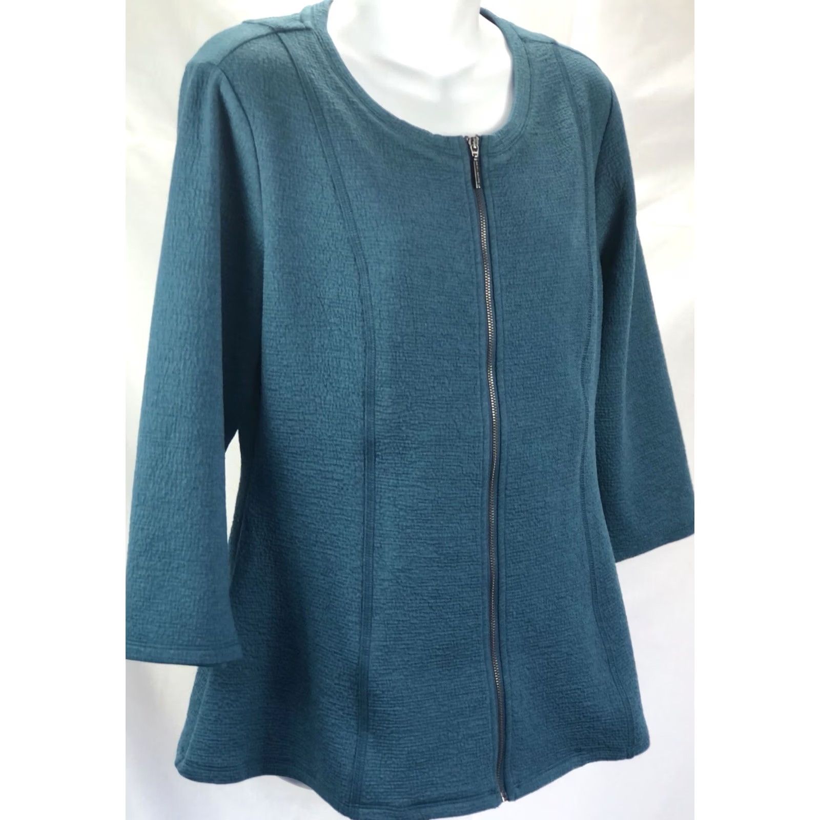 Vintage H by Halston Blouse Teal Zip Front Scoop Neck 3/4 Sleeve Peplum Shirt Womens S Vintage: No Size S / US 4 / IT 40 - 2 Thumbnail