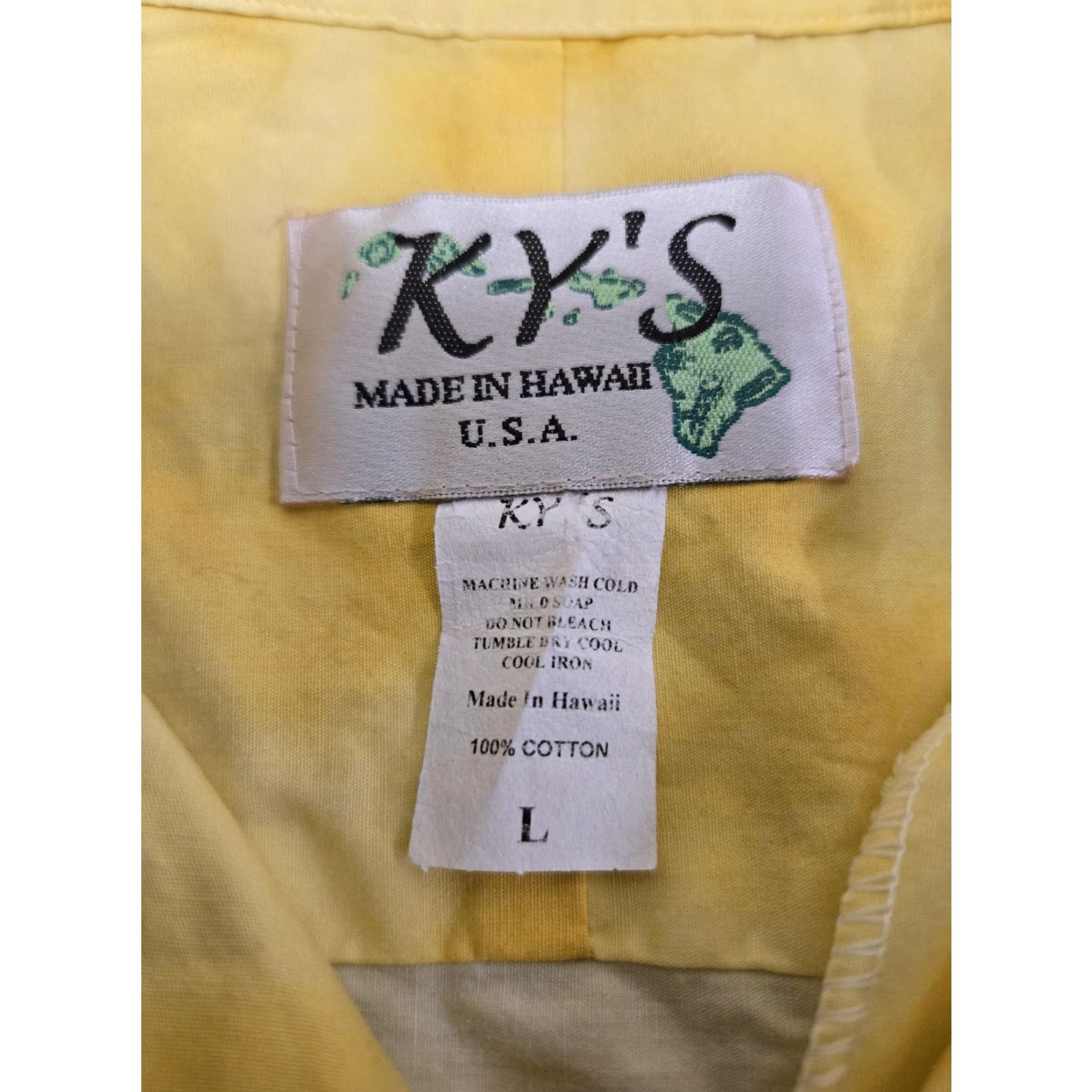 Vintage KY'S Shirt Mens Large Hawaiian Aloha Camp Made in Hawaii Palm Trees Surfboards Graphic Print Cotton Short Sleeve Button-Up Collared Camp Shirt Yellow Size US L / EU 52-54 / 3 - 4 Thumbnail