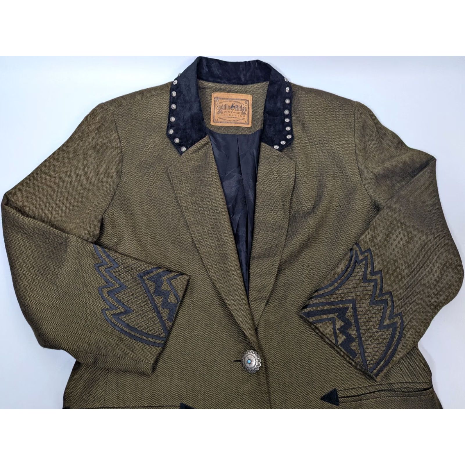 Vintage VINTAGE Saddle Ridge Western Blazer Jacket L Tan Black & Brown Collared Studded Embroidered Lightweight Blazer Womens Size L / US 10 / IT 46 - 2 Thumbnail