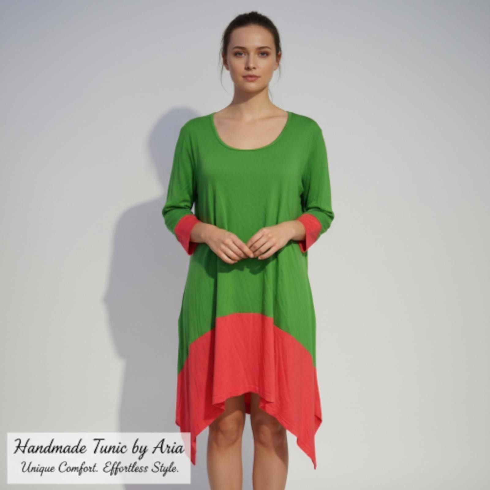 Aria Handmade Green and Coral Colorblock Tunic with 3/4 Sleeves Size M / US 6-8 / IT 42-44 - 1 Thumbnail