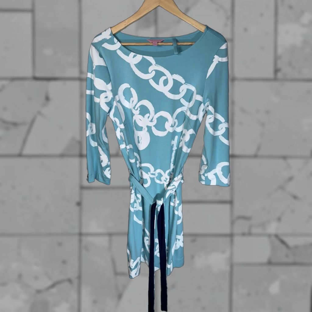 Lilly Pulitzer VINTAGE Lilly Pulitzer Jonah Posh Ponte KeyChain Print Belted Rayon Dress L Size L / US 10 / IT 46 - 1 Thumbnail