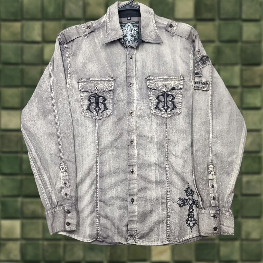 Roar Roar Shirt Men L Gray Button-Up Distressed Embroidered Cross Wing Patch 81st Airborne Unit LA Military Epaulets Short/Long Sleeve Size US L / EU 52-54 / 3 - 1 Thumbnail
