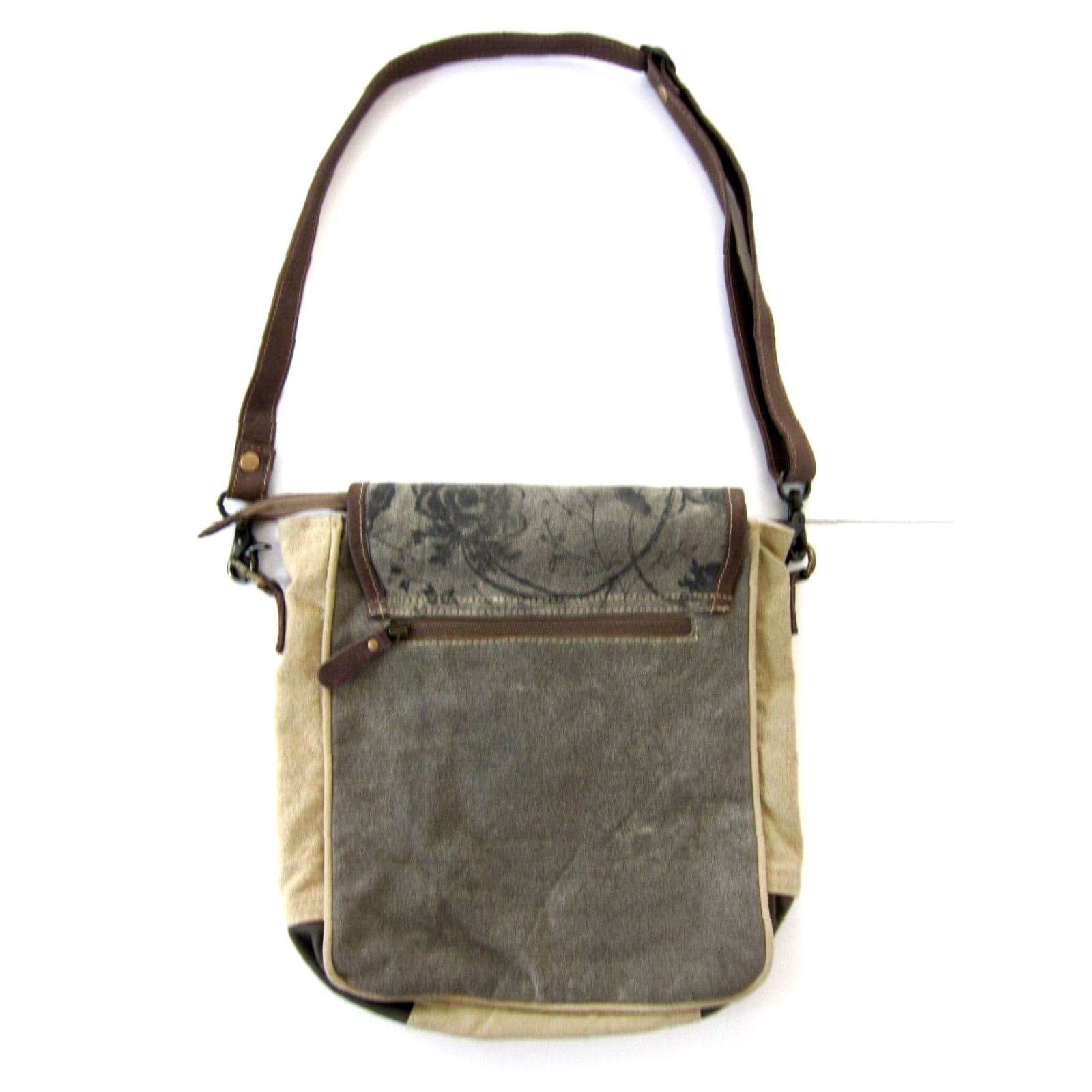 Vintage Myra Crossbody Satchel Purse Brown Beige Floral Canvas Leather 100% Cotton Leather Satchel Purse Size ONE SIZE - 2 Thumbnail