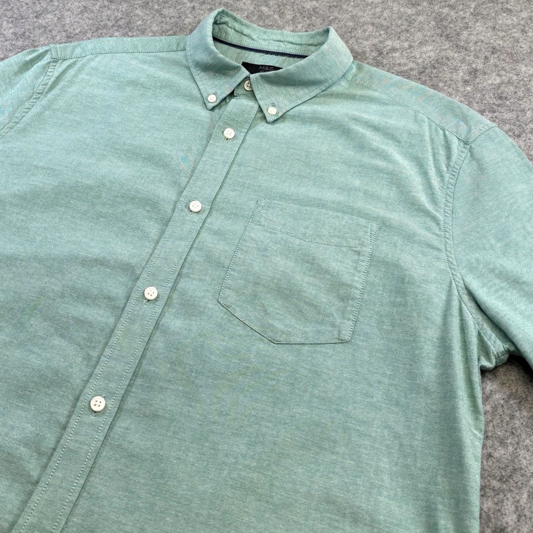Marks & Spencer M&S Shirt Large Mens Sea Green Button-Down Short Sleeve Chest Pocket Vgc Summer Size US L / EU 52-54 / 3 - 4 Thumbnail