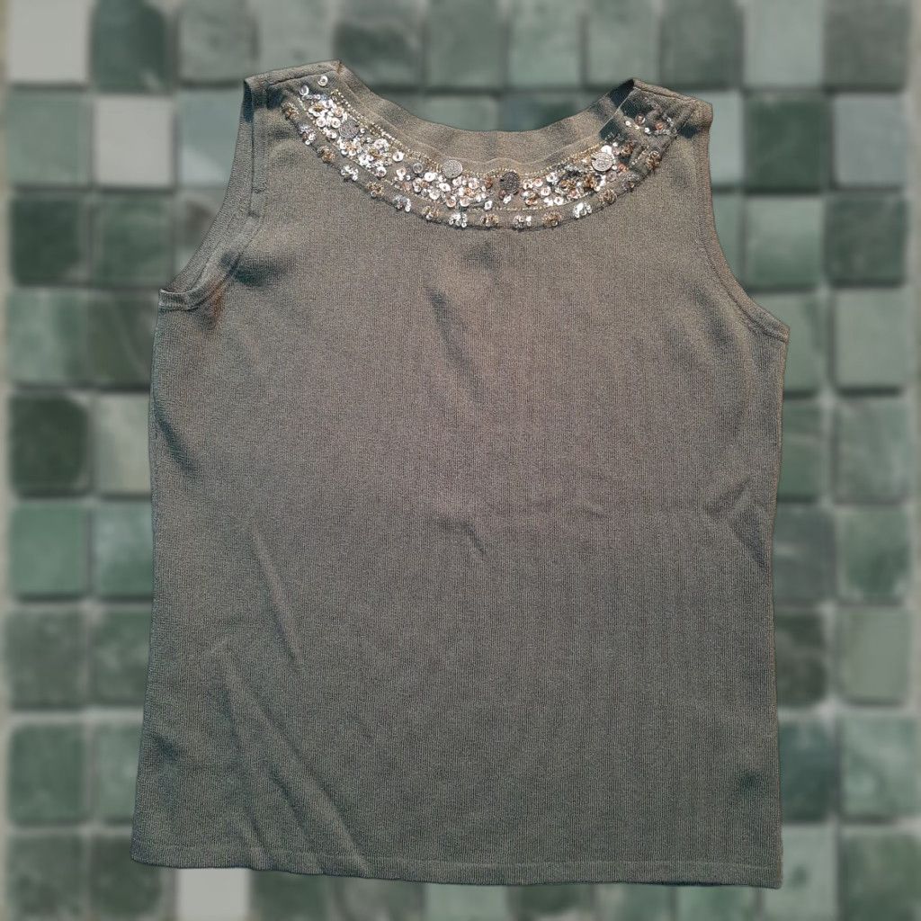 Vintage Joseph A Sleeveless Top Womens Large L Moss Green Sequins Viscose Nylon Tank Woman Green L Sleeveless Shirt Size L / US 10 / IT 46 - 1 Thumbnail