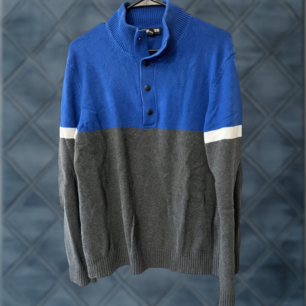 Express VINTAGE Express Mens Blue Gray 2-Tone Pullover Sweater 1/4 Button Collar XL Size US XL / EU 56 / 4 - 1 Thumbnail